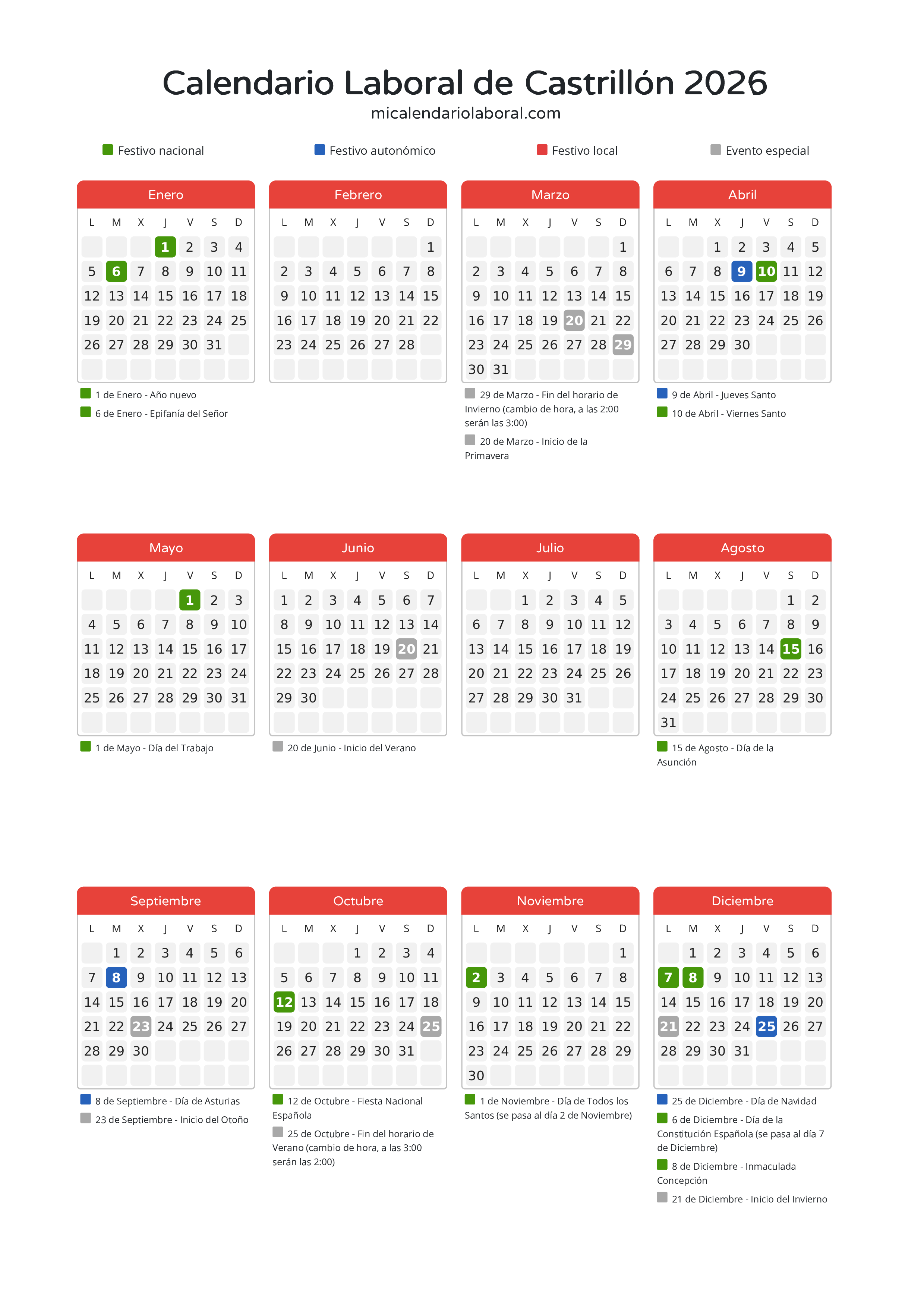 Calendario Laboral de Castrillón 2026 - Días festivos - Descubre todos los festivos, días no laborables y días inhábiles en el calendario de Castrillón propuestos por Gobierno del Principado de Asturias. Organiza tus vacaciones y puentes en 2026.