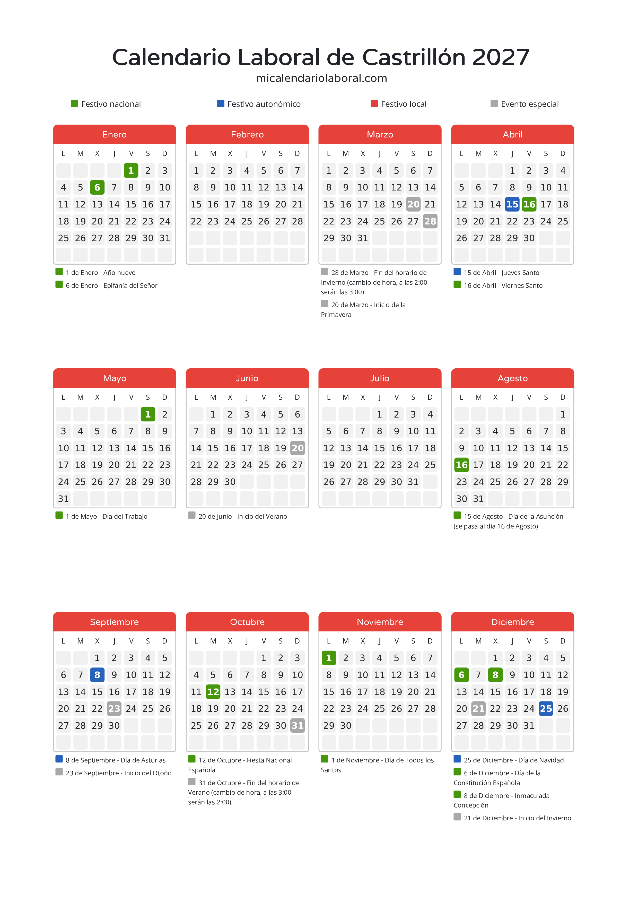 Calendario Laboral de Castrillón 2027 - Días festivos - Todos los festivos y días no laborables del calendario de Castrillón propuestos por Gobierno del Principado de Asturias. Organiza tus vacaciones y puentes en 2027.