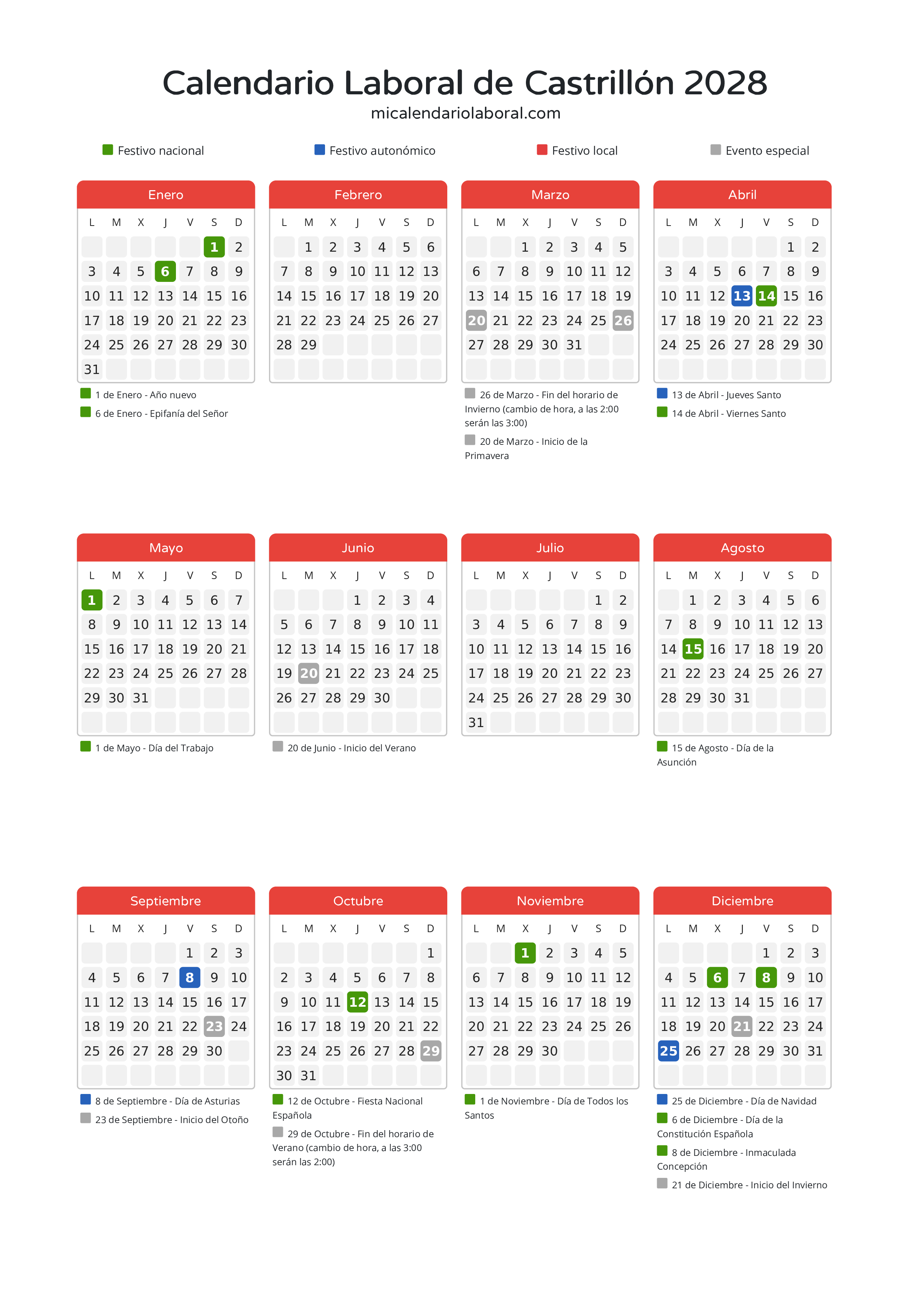 Calendario Laboral de Castrillón 2028 - Días festivos - Descubre todos los festivos, días no laborables y días inhábiles en el calendario de Castrillón propuestos por Gobierno del Principado de Asturias. Organiza tus vacaciones y puentes en 2028.