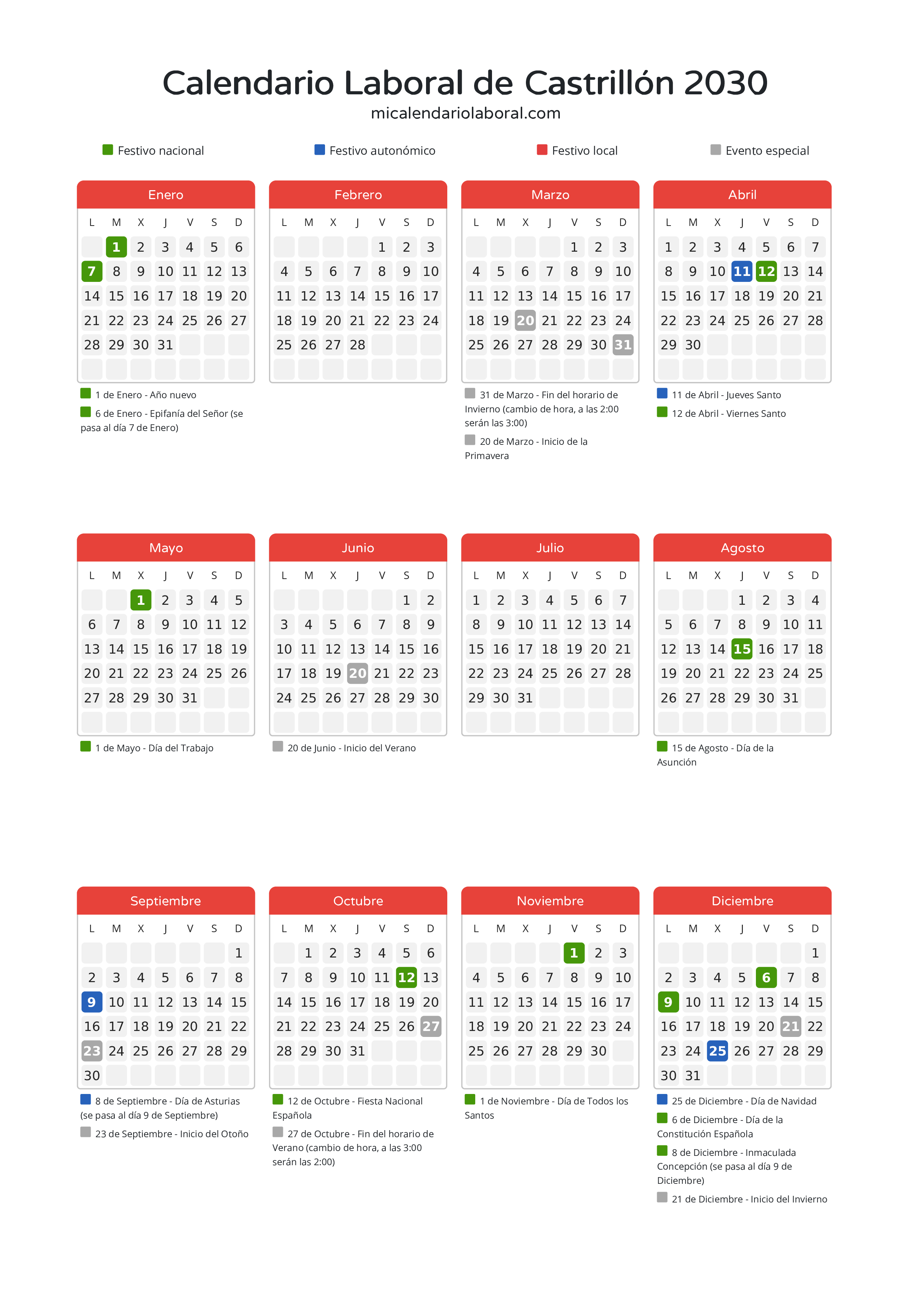 Calendario Laboral de Castrillón 2030 - Días festivos - Todos los festivos y días no laborables del calendario de Castrillón propuestos por Gobierno del Principado de Asturias. Organiza tus vacaciones y puentes en 2030.