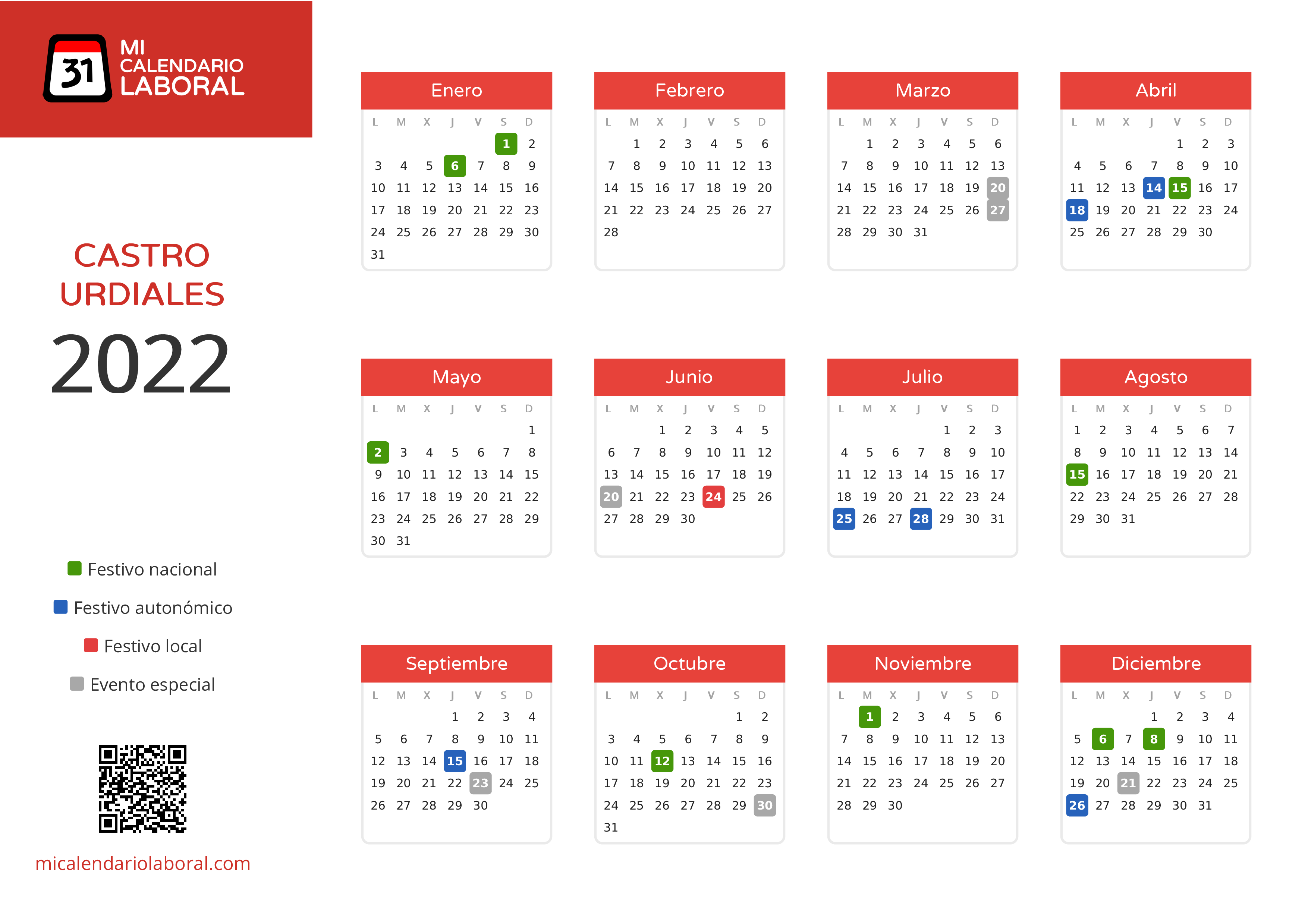 Calendario Laboral de Castro Urdiales 2022 - Días festivos - Descubre todos los festivos, días no laborables y días inhábiles en el calendario de Castro Urdiales propuestos por Gobierno de Cantabria. Organiza tus vacaciones y puentes en 2022.