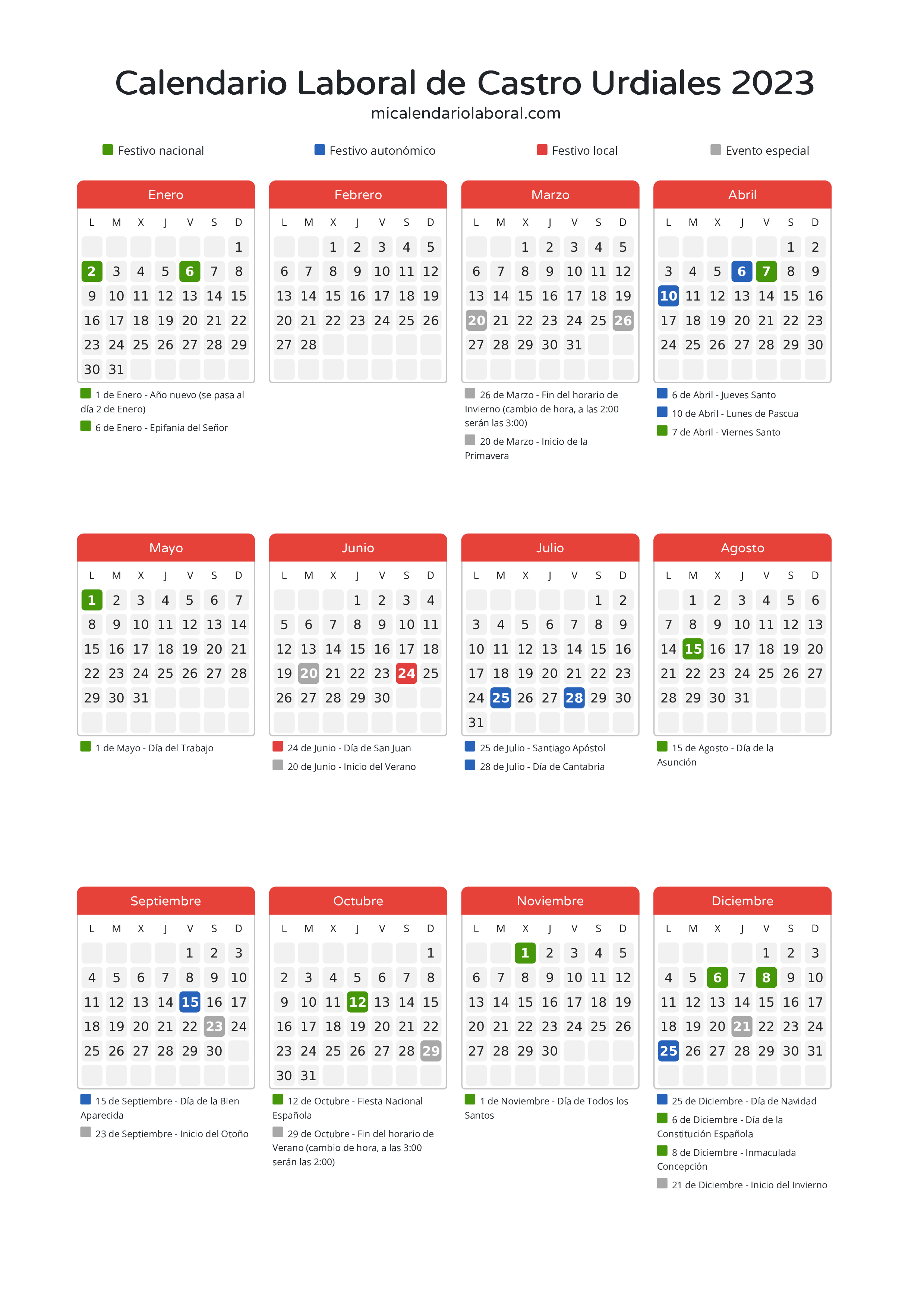 Calendario Laboral de Castro Urdiales 2023 - Días festivos - Descubre todos los festivos, días no laborables y días inhábiles en el calendario de la provincia de Castro Urdiales propuestos por Gobierno de Cantabria. Anticípate a los eventos y organiza tus vacaciones y puentes en 2023.