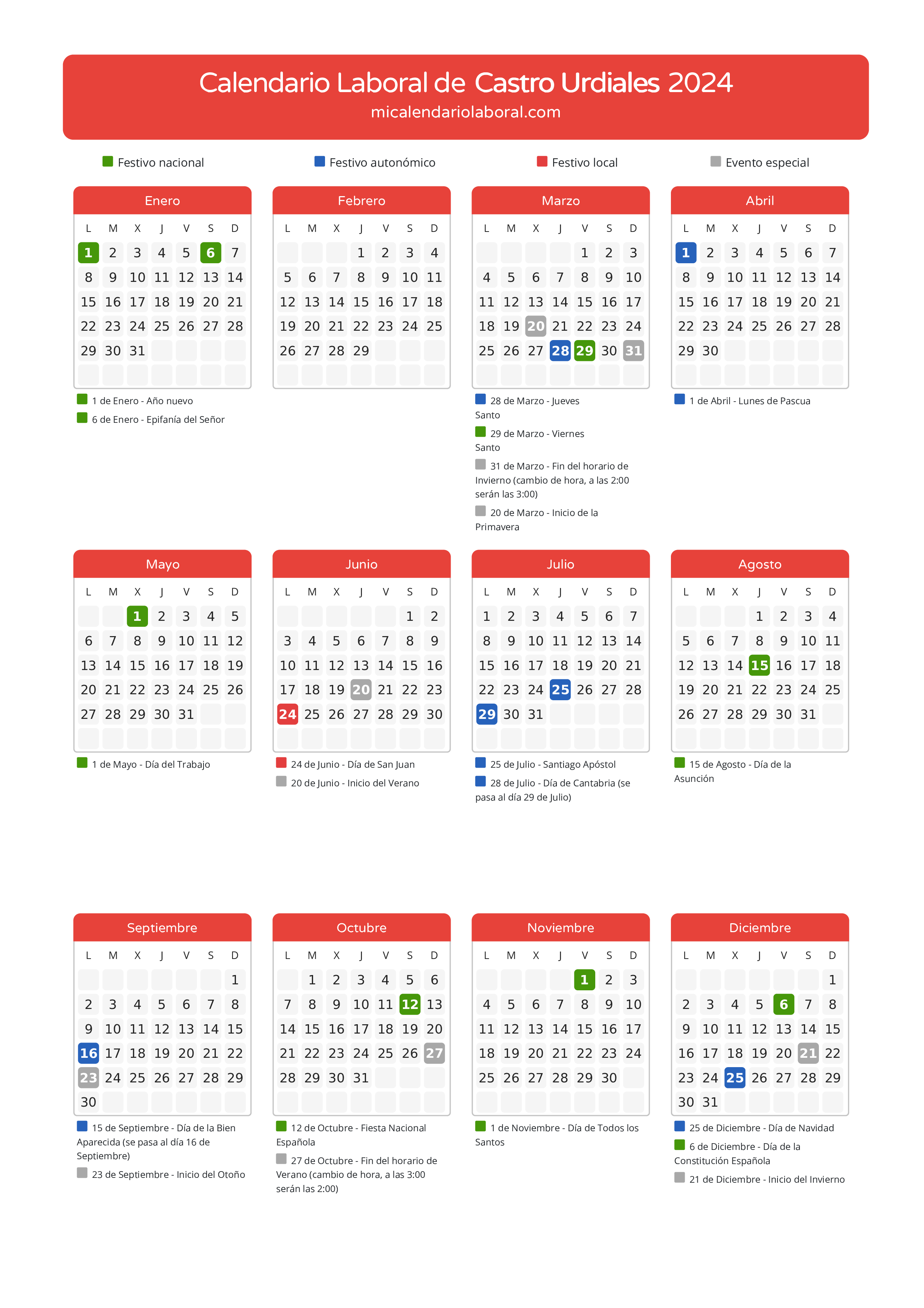 Calendario Laboral de Castro Urdiales 2024 - Días festivos - Descubre todos los festivos, días no laborables y días inhábiles en el calendario de la provincia de Castro Urdiales propuestos por Gobierno de Cantabria. Anticípate a los eventos y organiza tus vacaciones y puentes en 2024.