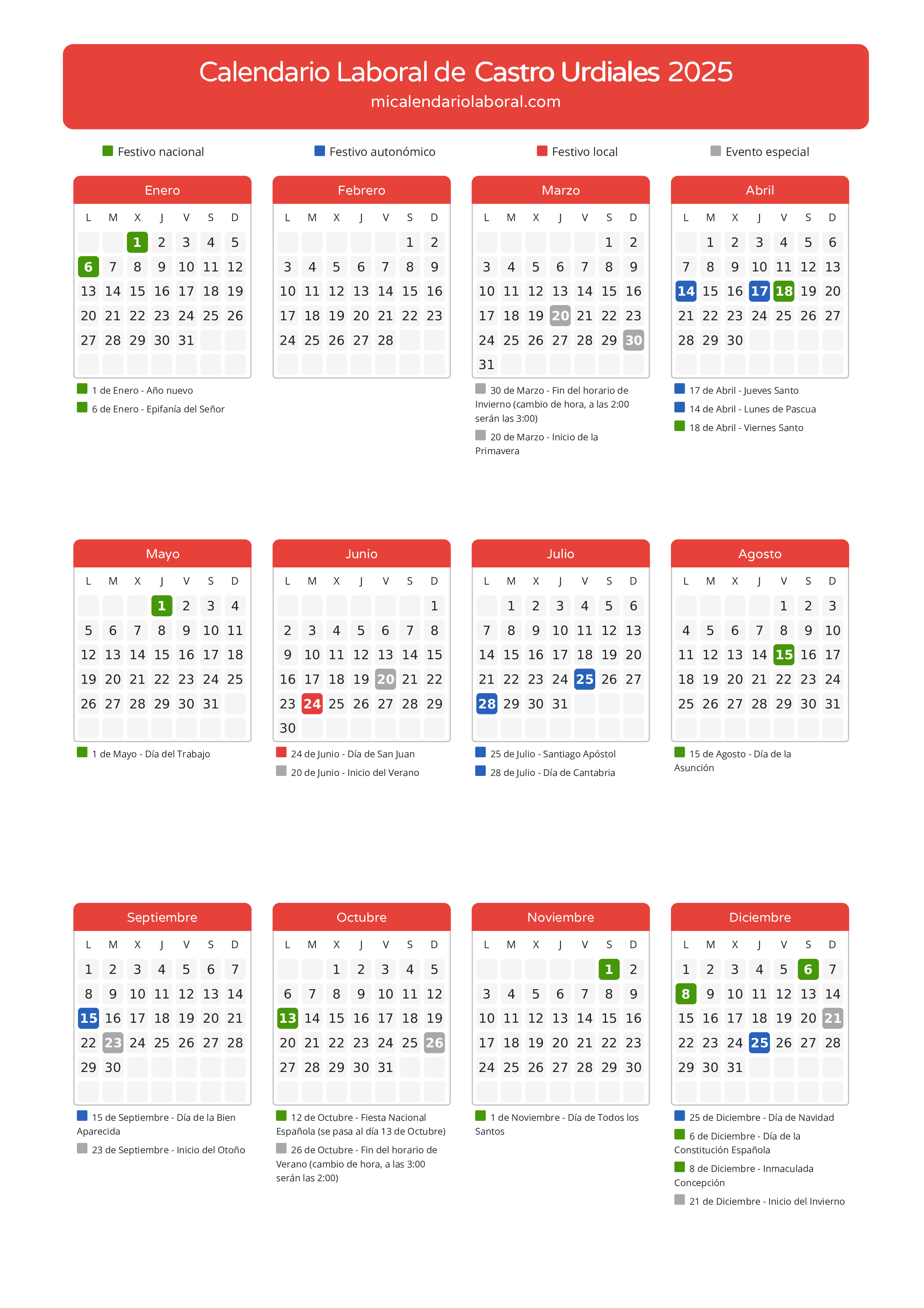 Calendario Laboral de Castro Urdiales 2025 - Días festivos - Descubre todos los festivos, días no laborables y días inhábiles en el calendario de la provincia de Castro Urdiales propuestos por Gobierno de Cantabria. Anticípate a los eventos y organiza tus vacaciones y puentes en 2025.