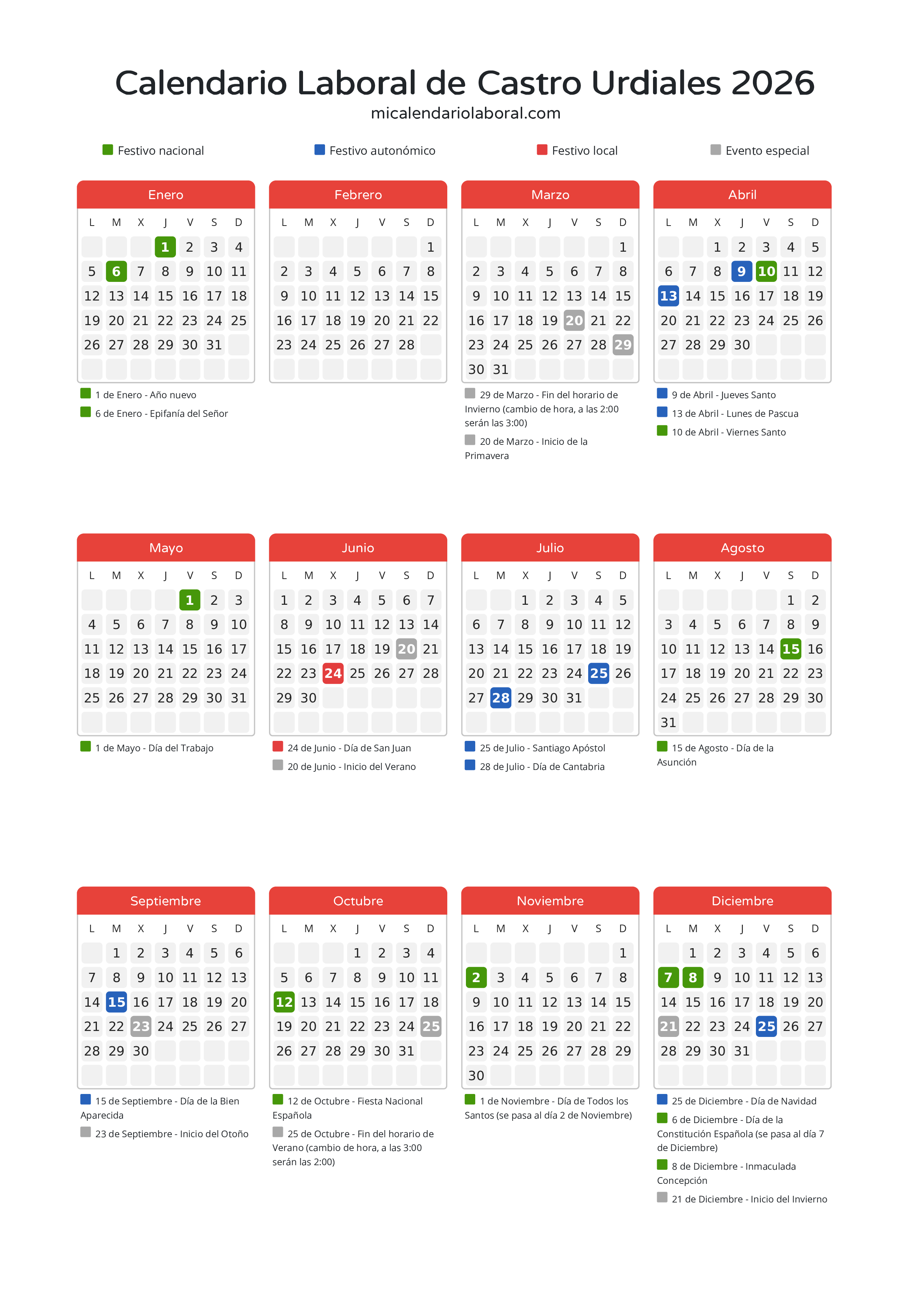 Calendario Laboral de Castro Urdiales 2026 - Días festivos - Descubre todos los festivos, días no laborables y días inhábiles en el calendario de Castro Urdiales propuestos por Gobierno de Cantabria. Organiza tus vacaciones y puentes en 2026.