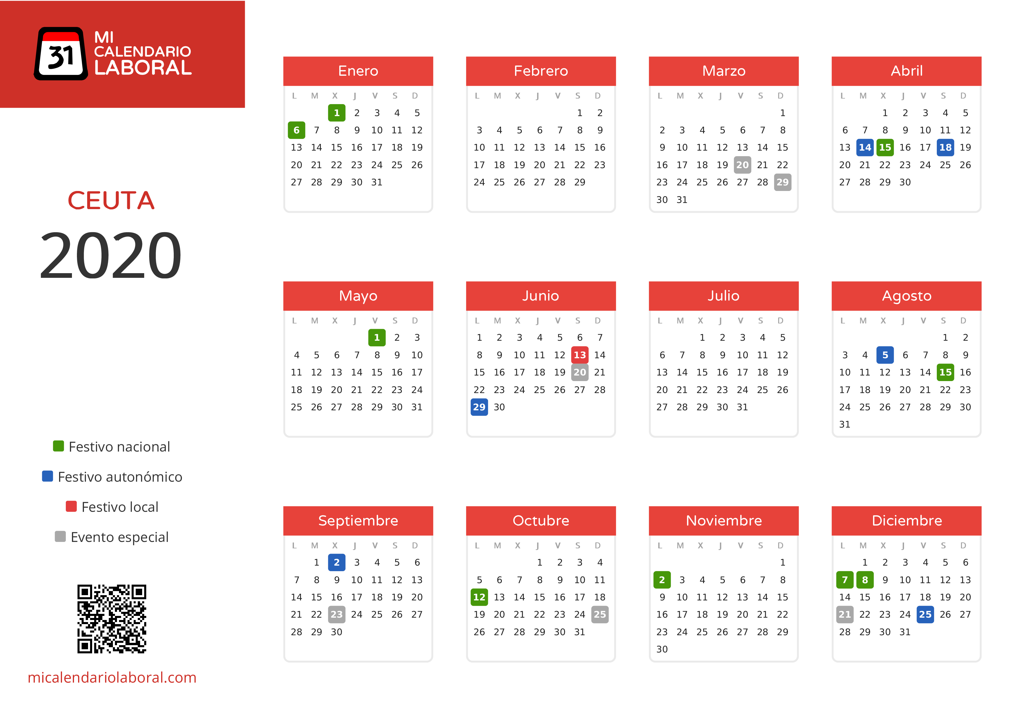 Calendario Laboral de Ceuta 2020 - Días festivos - Todos los festivos y días no laborables del calendario de Ceuta propuestos por Gobierno de la Ciudad Autónoma de Ceuta. Organiza tus vacaciones y puentes en 2020.