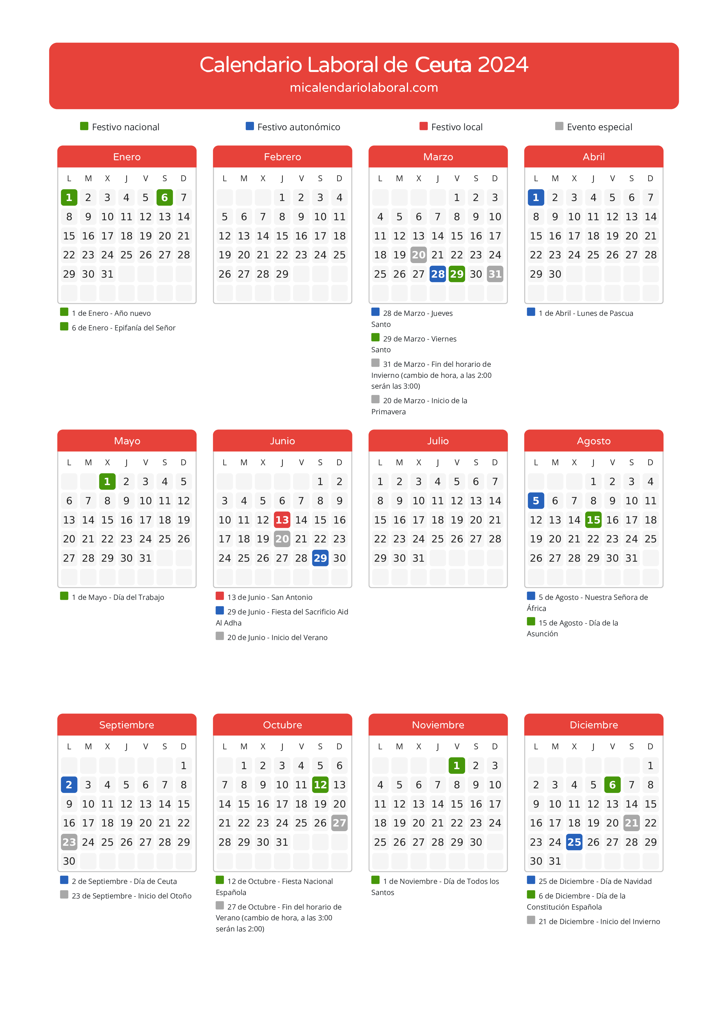 Calendario Laboral de Ceuta 2024 - Días festivos - Descubre todos los festivos, días no laborables y días inhábiles en el calendario de la provincia de Ceuta propuestos por Gobierno de la Ciudad Autónoma de Ceuta. Anticípate a los eventos y organiza tus vacaciones y puentes en 2024.