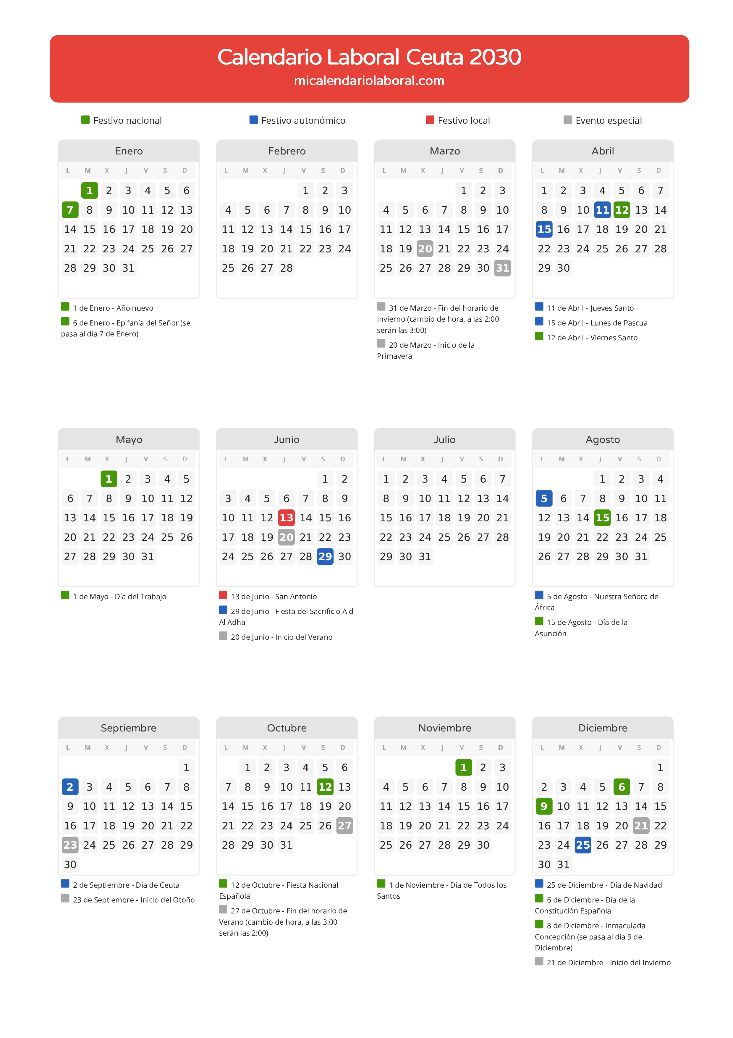 Calendario Laboral de Ceuta 2030 - Días festivos - Todos los festivos y días no laborables del calendario de Ceuta propuestos por Gobierno de la Ciudad Autónoma de Ceuta. Organiza tus vacaciones y puentes en 2030.