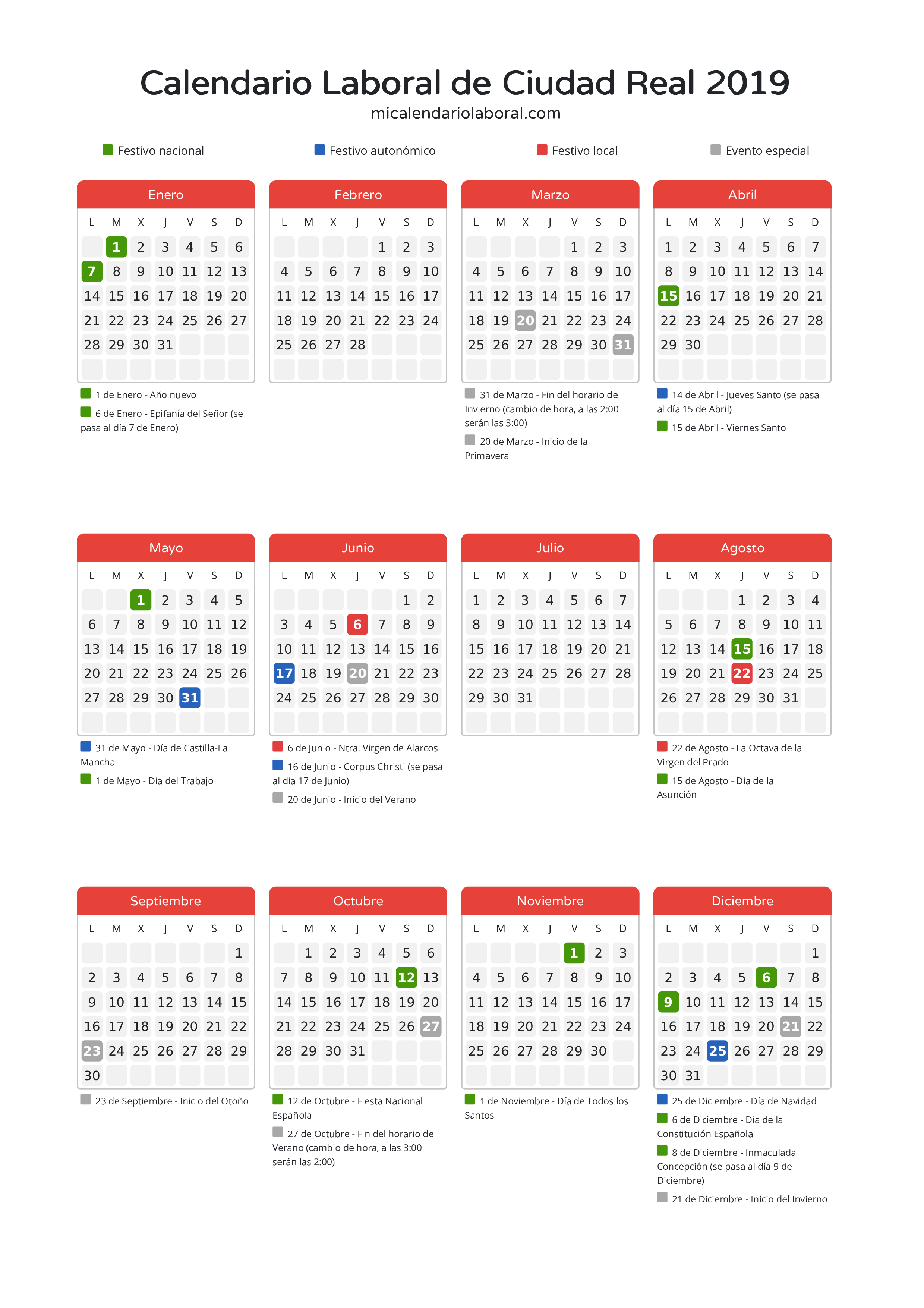 Calendario Laboral de Ciudad Real 2019 - Días festivos - Descubre todos los festivos, días no laborables y días inhábiles en el calendario de Ciudad Real propuestos por Junta de Comunidades de Castilla-La Mancha. Organiza tus vacaciones y puentes en 2019.