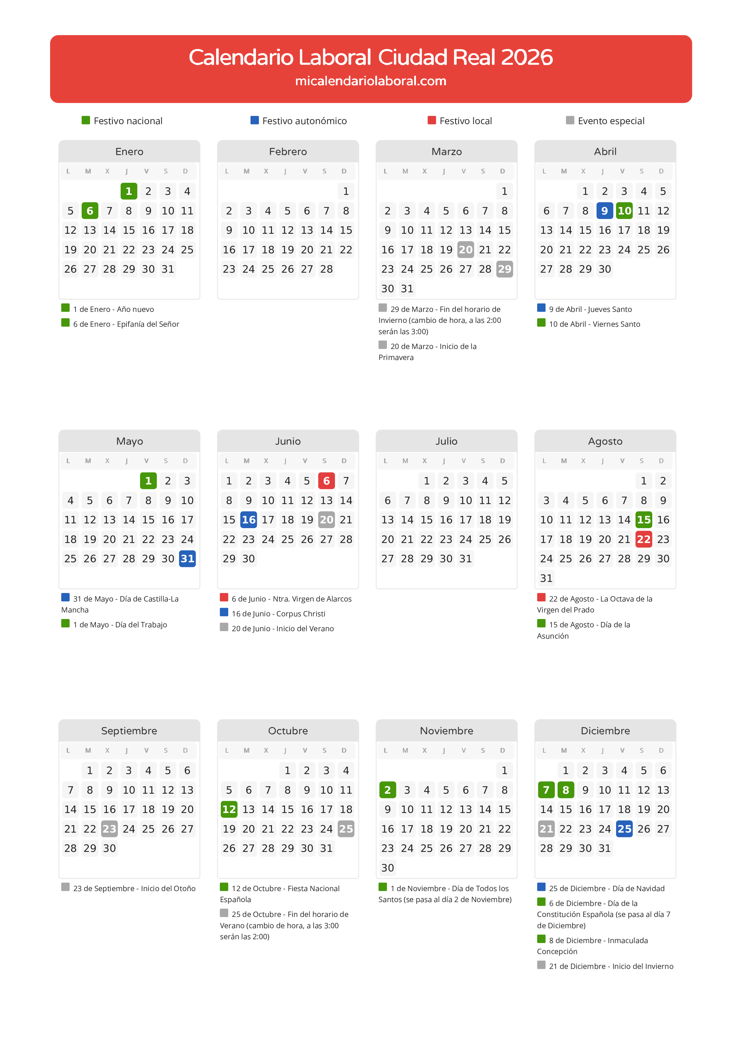 Calendario Laboral de Ciudad Real 2026 - Días festivos - Todos los festivos y días no laborables del calendario de Ciudad Real propuestos por Junta de Comunidades de Castilla-La Mancha. Organiza tus vacaciones y puentes en 2026.