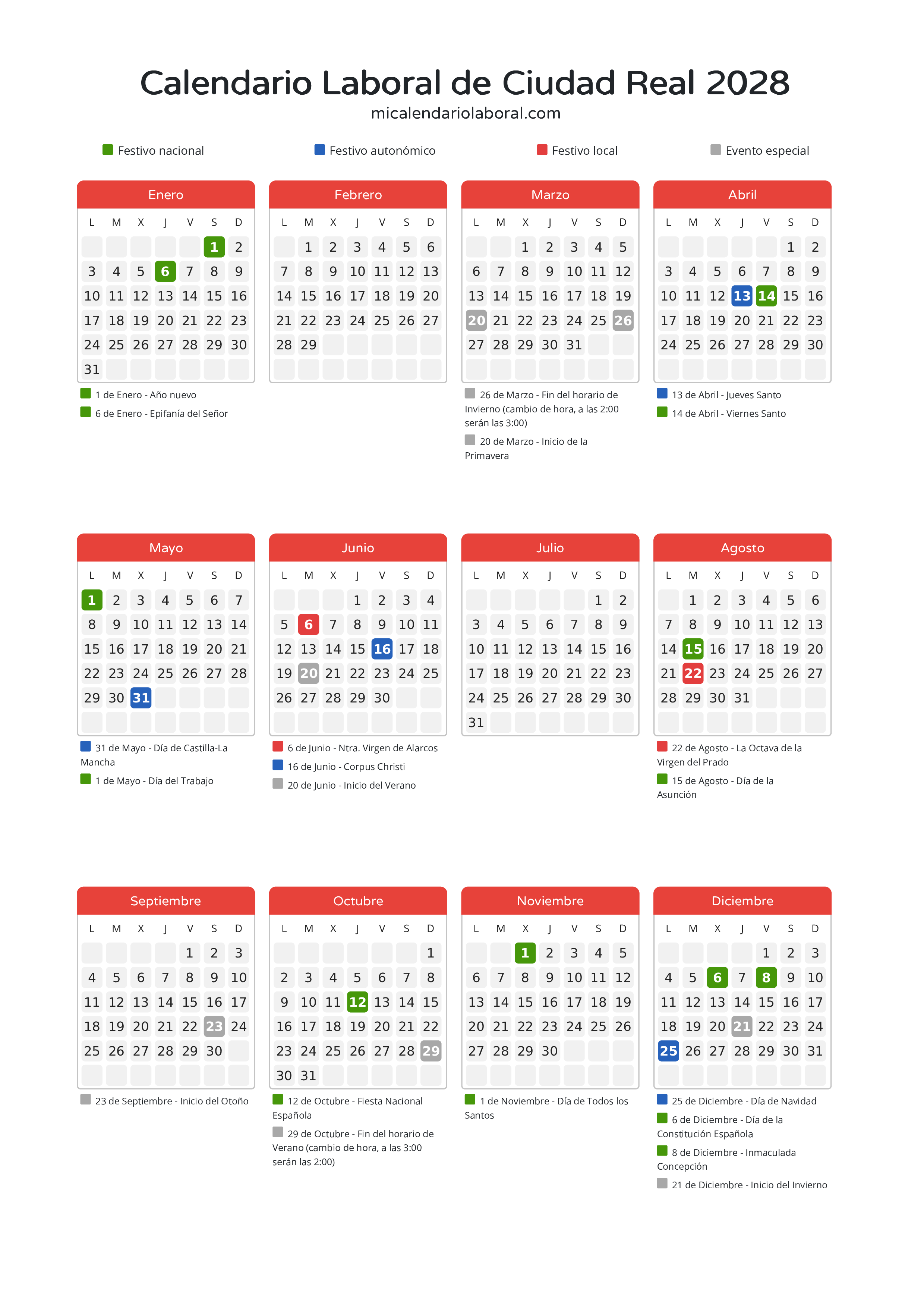 Calendario Laboral de Ciudad Real 2028 - Días festivos - Descubre todos los festivos, días no laborables y días inhábiles en el calendario de Ciudad Real propuestos por Junta de Comunidades de Castilla-La Mancha. Organiza tus vacaciones y puentes en 2028.