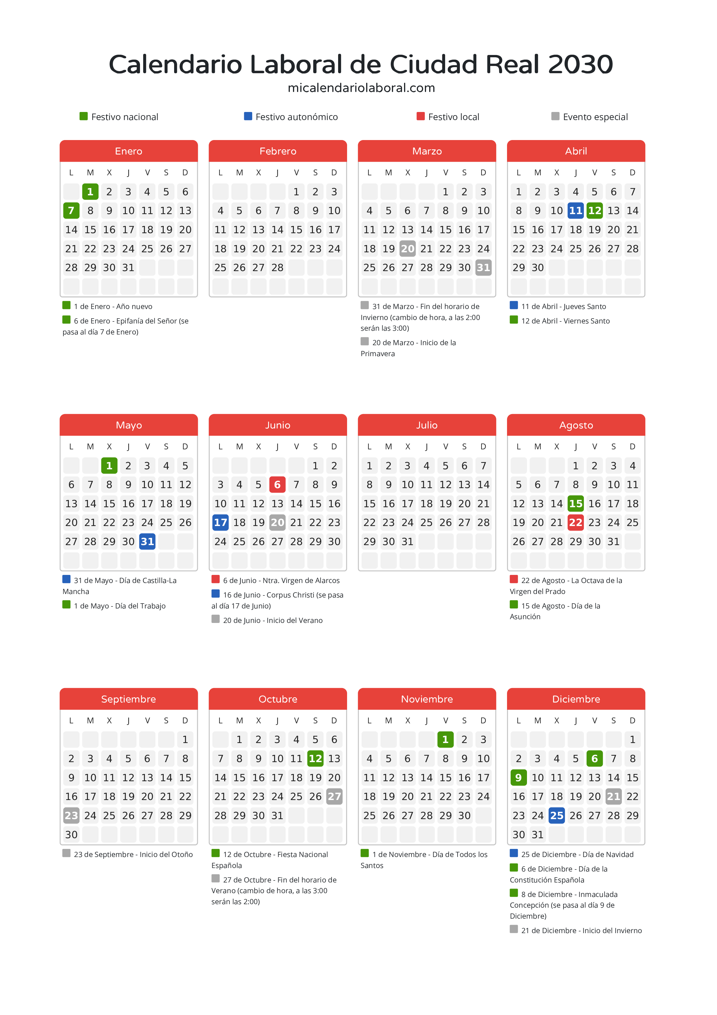 Calendario Laboral de Ciudad Real 2030 - Días festivos - Todos los festivos y días no laborables del calendario de Ciudad Real propuestos por Junta de Comunidades de Castilla-La Mancha. Organiza tus vacaciones y puentes en 2030.