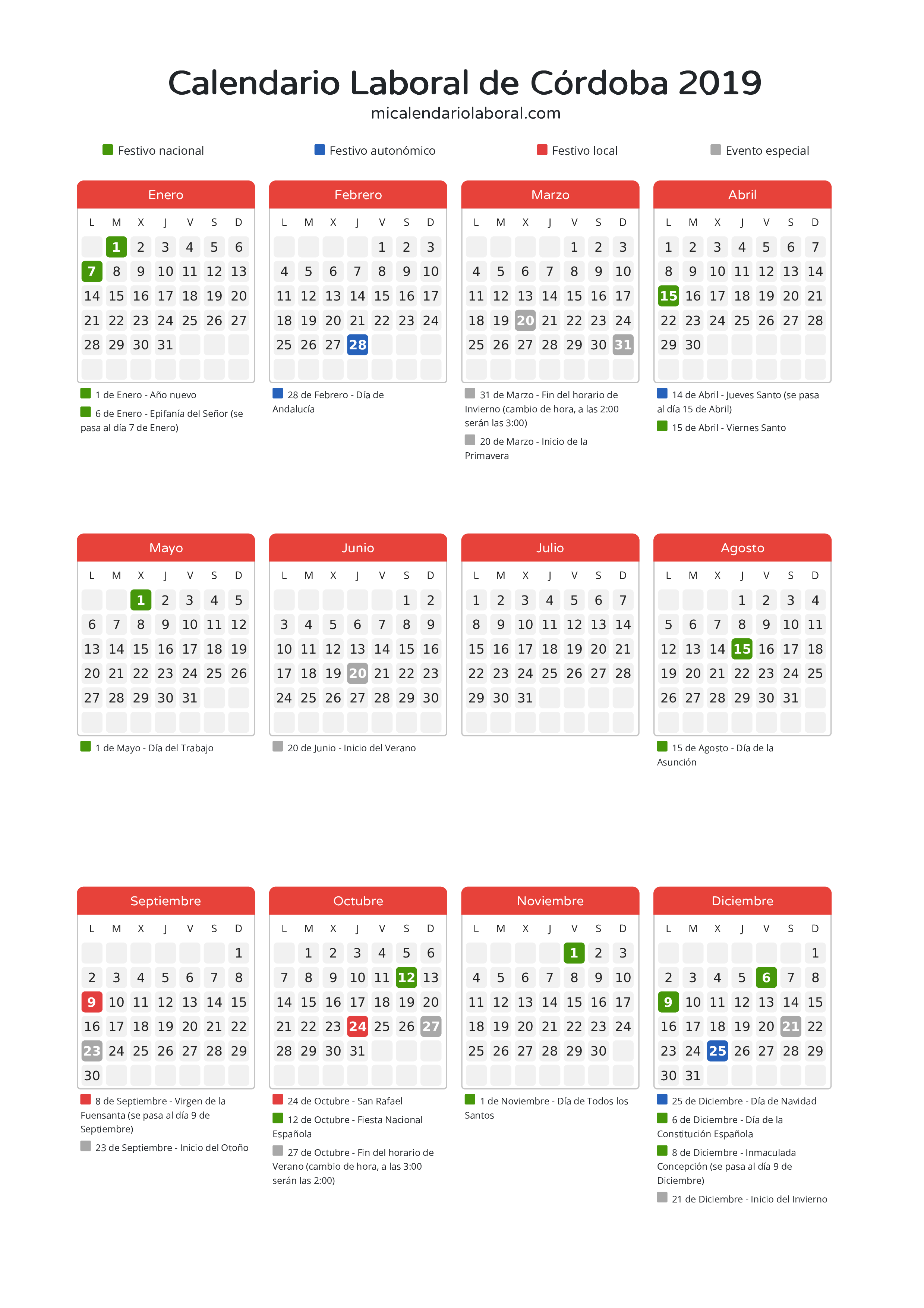 Calendario Laboral de Córdoba 2019 - Días festivos - Descubre todos los festivos, días no laborables y días inhábiles en el calendario de Córdoba propuestos por Junta de Andalucía. Organiza tus vacaciones y puentes en 2019.