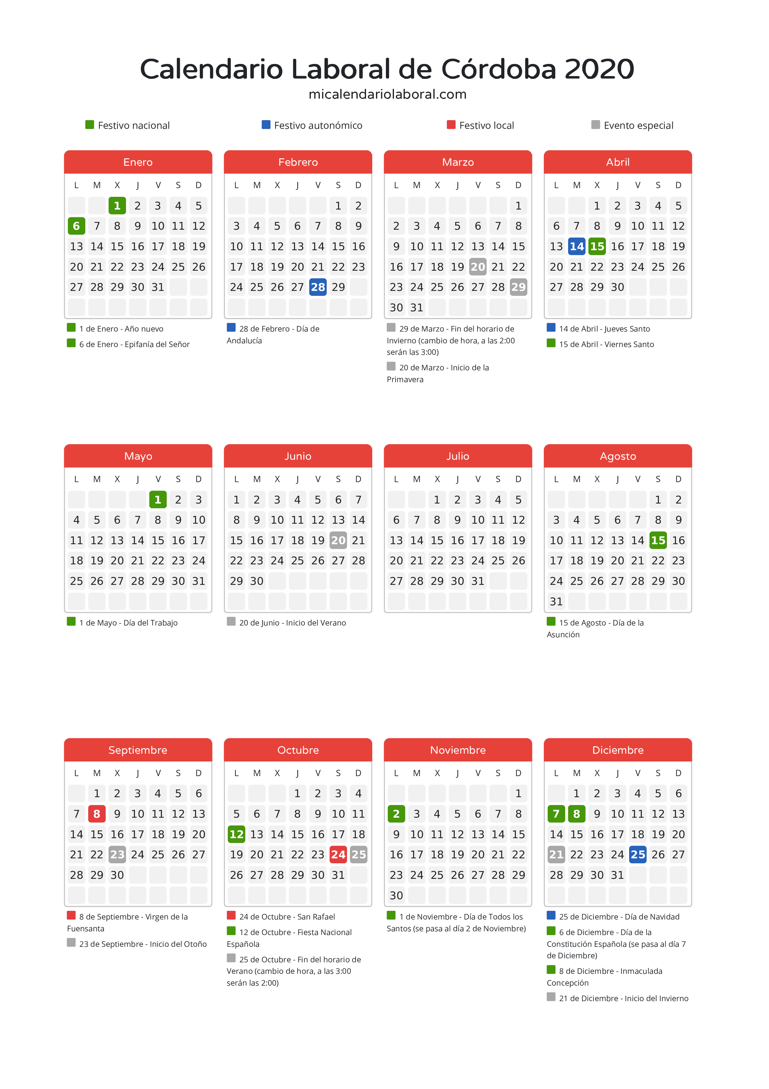 Calendario Laboral de Córdoba 2020 - Días festivos - Descubre todos los festivos, días no laborables y días inhábiles en el calendario de Córdoba propuestos por Junta de Andalucía. Organiza tus vacaciones y puentes en 2020.