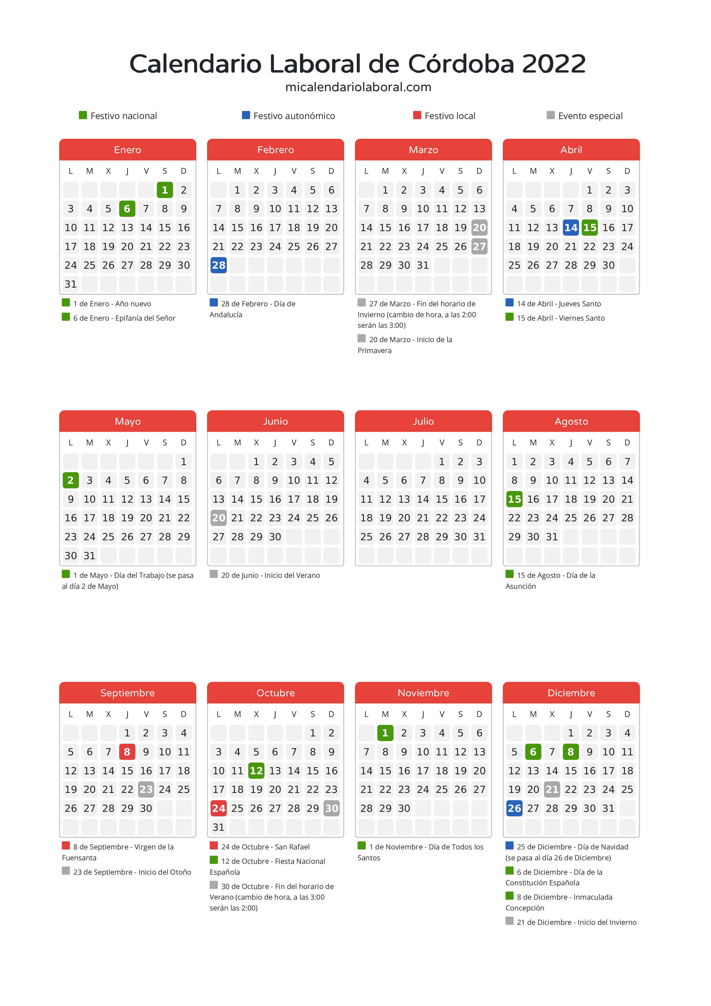 Calendario Laboral de Córdoba 2022 - Días festivos - Descubre todos los festivos, días no laborables y días inhábiles en el calendario de Córdoba propuestos por Junta de Andalucía. Organiza tus vacaciones y puentes en 2022.