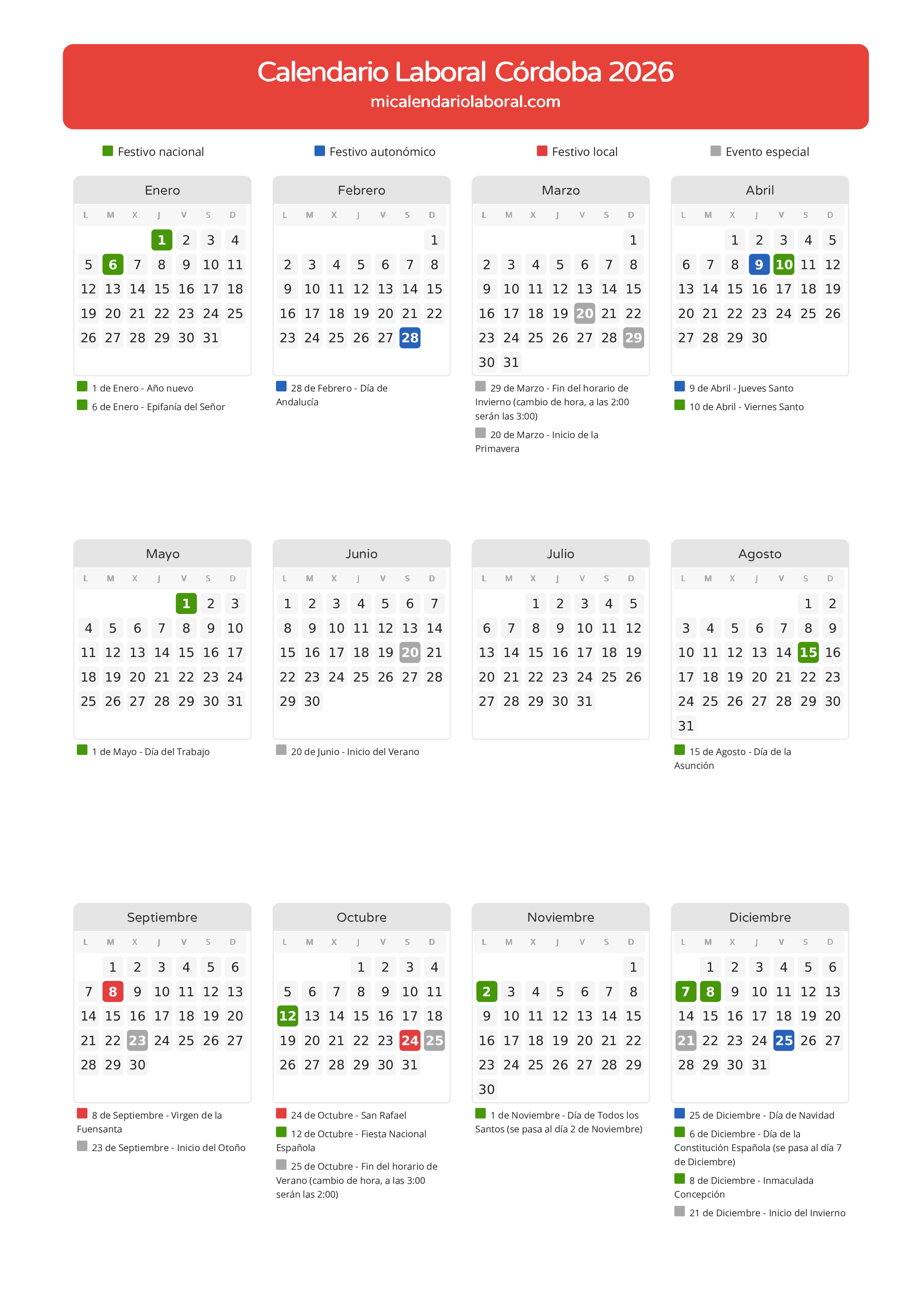 Calendario Laboral de Córdoba 2026 - Días festivos - Todos los festivos y días no laborables del calendario de Córdoba propuestos por Junta de Andalucía. Organiza tus vacaciones y puentes en 2026.