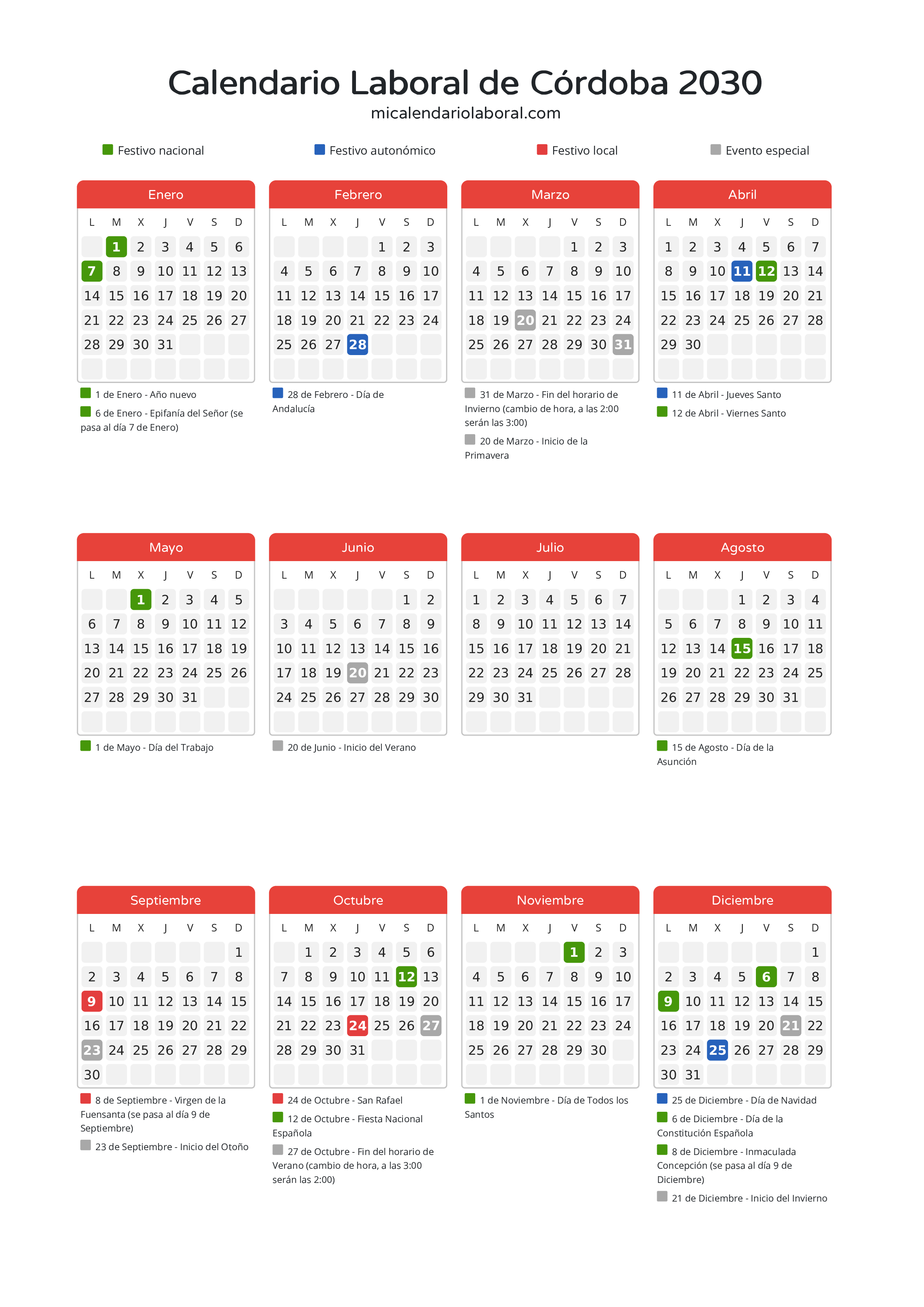 Calendario Laboral de Córdoba 2030 - Días festivos - Todos los festivos y días no laborables del calendario de Córdoba propuestos por Junta de Andalucía. Organiza tus vacaciones y puentes en 2030.
