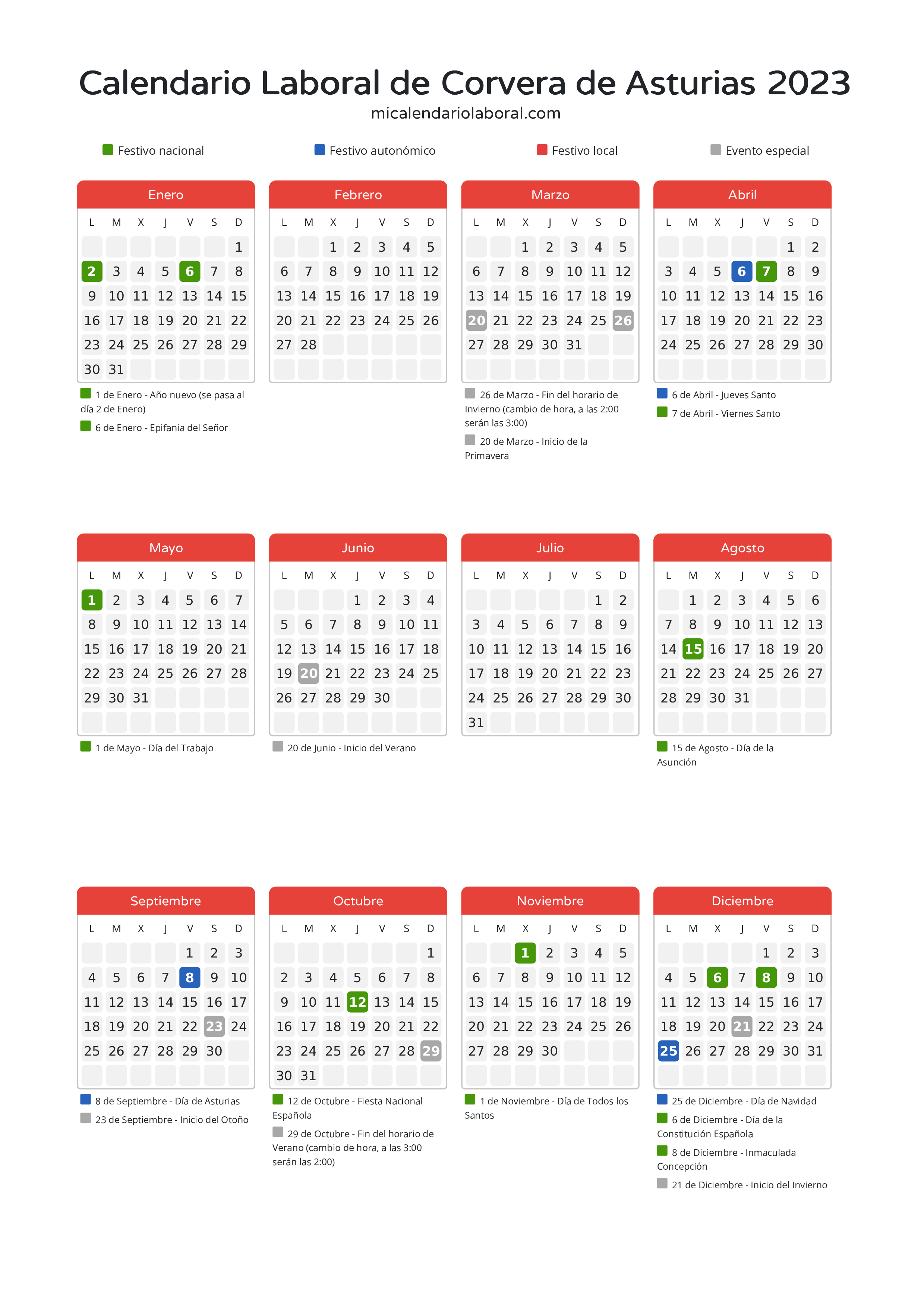 Calendario Laboral de Corvera de Asturias 2023 - Días festivos - Descubre todos los festivos, días no laborables y días inhábiles en el calendario de la provincia de Corvera de Asturias propuestos por Gobierno del Principado de Asturias. Anticípate a los eventos y organiza tus vacaciones y puentes en 2023.