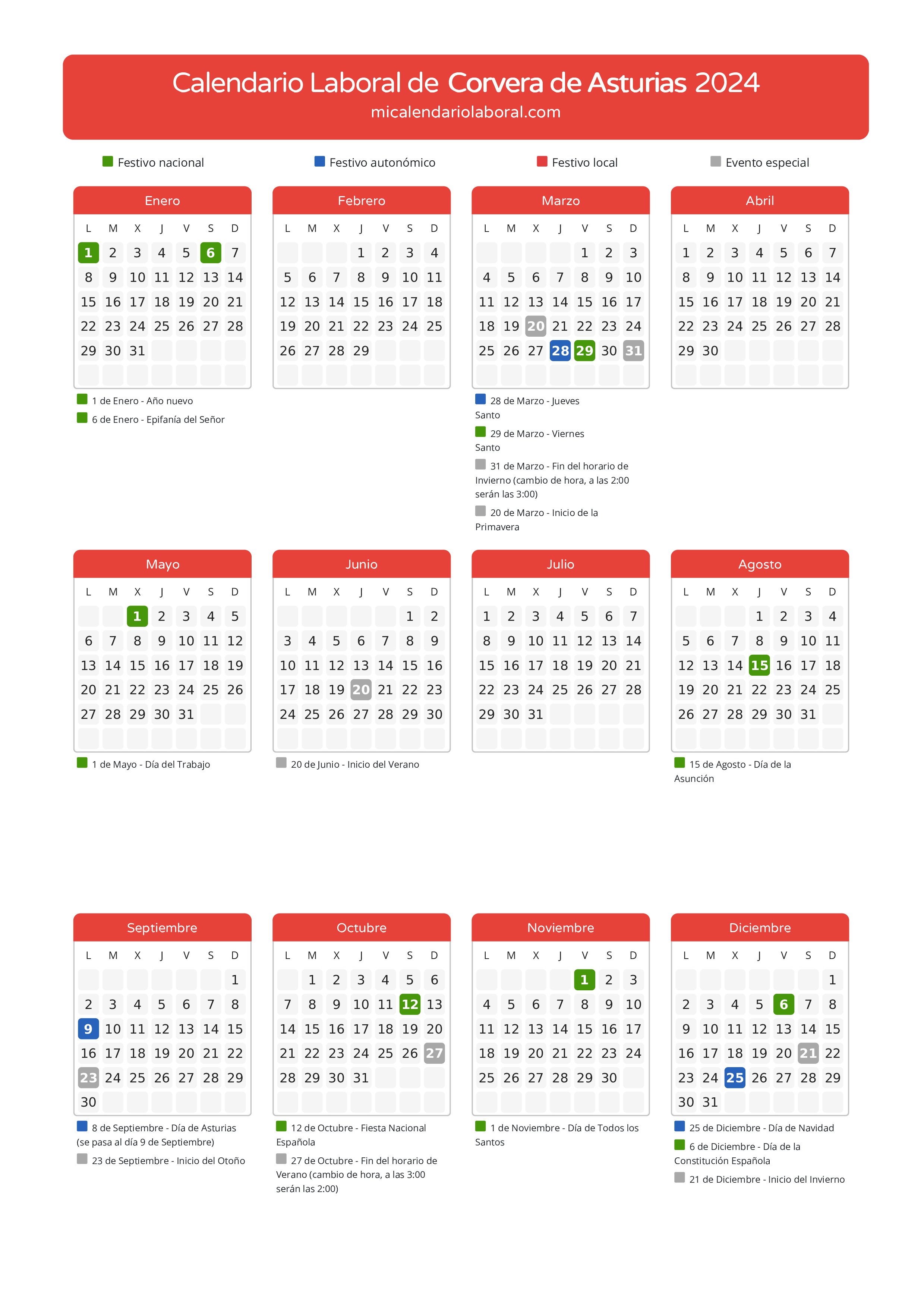 Calendario Laboral de Corvera de Asturias 2024 - Días festivos - Descubre todos los festivos, días no laborables y días inhábiles en el calendario de la provincia de Corvera de Asturias propuestos por Gobierno del Principado de Asturias. Anticípate a los eventos y organiza tus vacaciones y puentes en 2024.