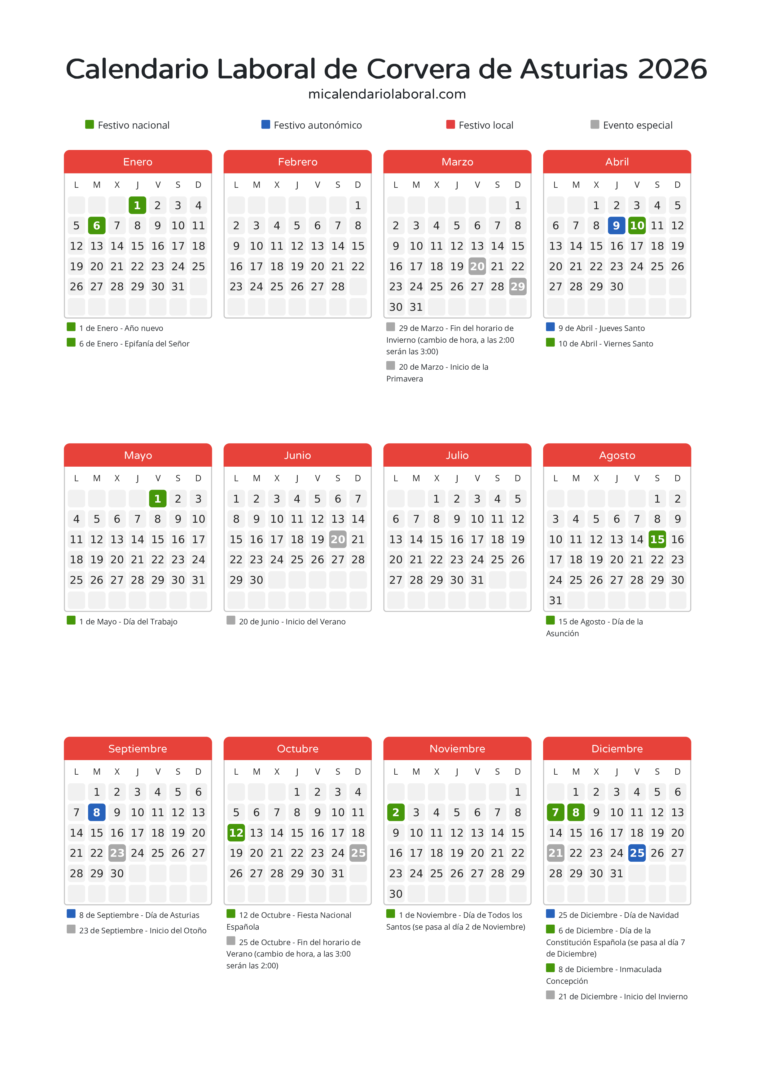 Calendario Laboral de Corvera de Asturias 2026 - Días festivos - Descubre todos los festivos, días no laborables y días inhábiles en el calendario de Corvera de Asturias propuestos por Gobierno del Principado de Asturias. Organiza tus vacaciones y puentes en 2026.