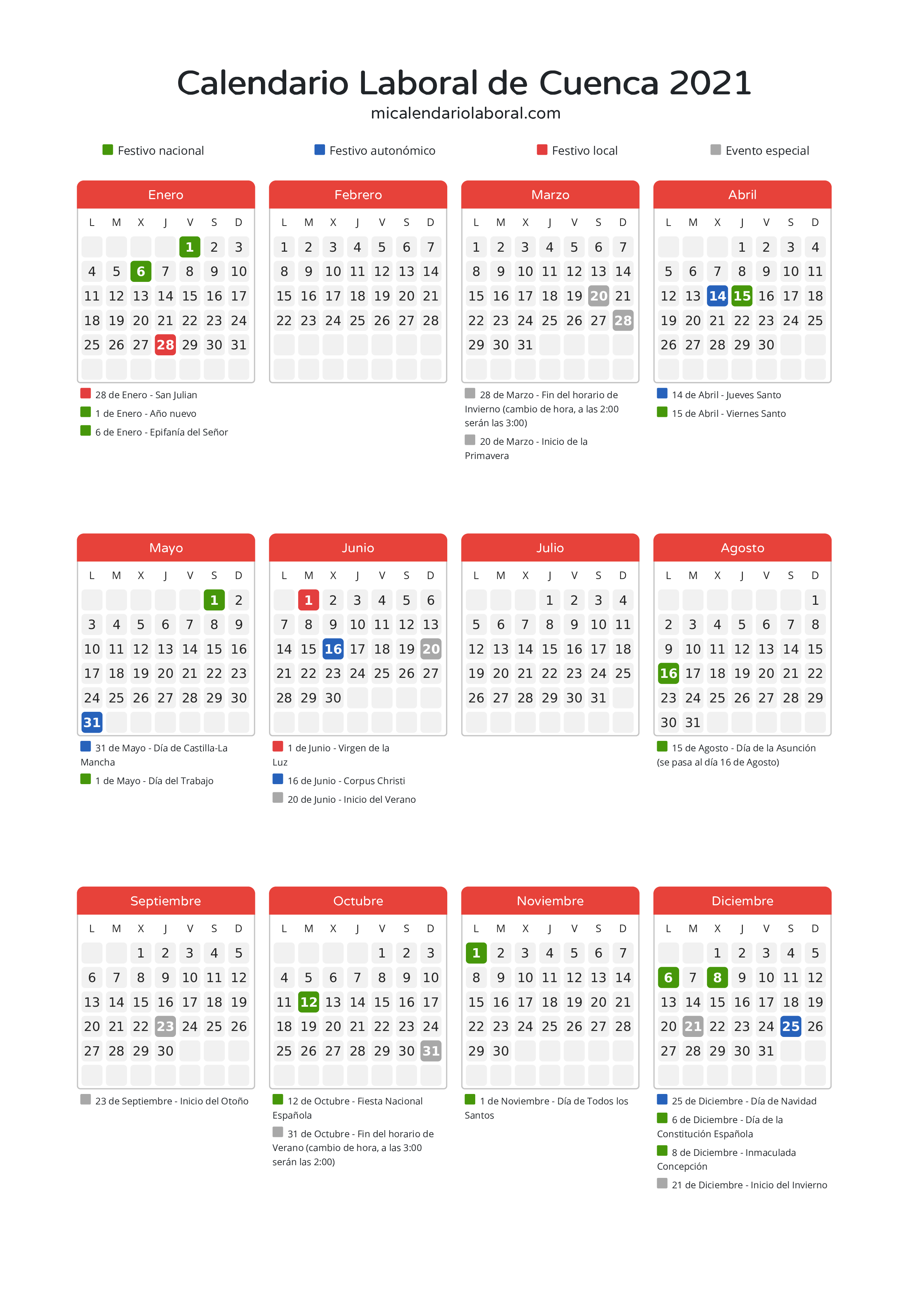 Calendario Laboral de Cuenca 2021 - Días festivos - Descubre todos los festivos, días no laborables y días inhábiles en el calendario de Cuenca propuestos por Junta de Comunidades de Castilla-La Mancha. Organiza tus vacaciones y puentes en 2021.