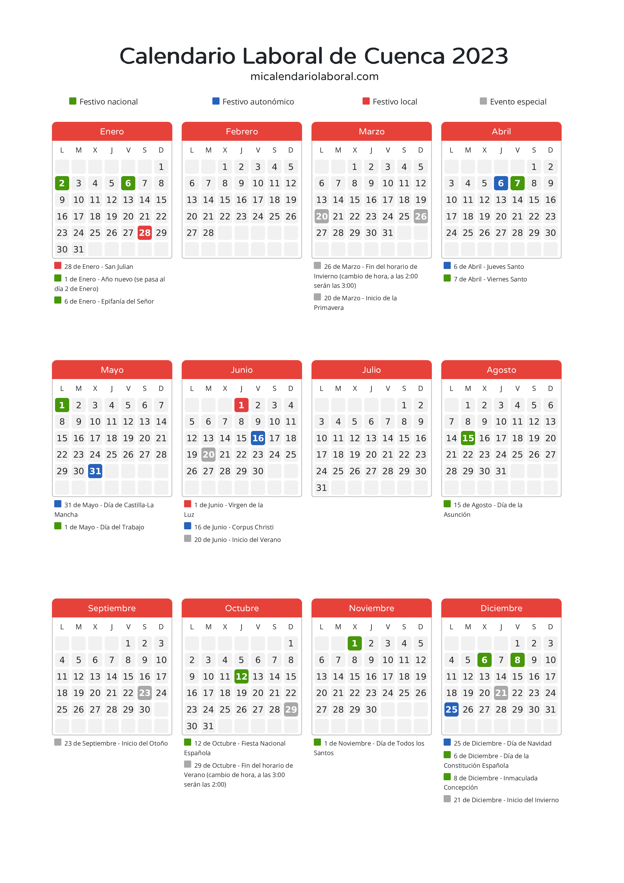 Calendario Laboral de Cuenca 2023 - Días festivos - Descubre todos los días festivos, no laborables y días inhábiles del calendario de la provincia de Cuenca para el año 2023. Tu guía completa de fechas importantes.