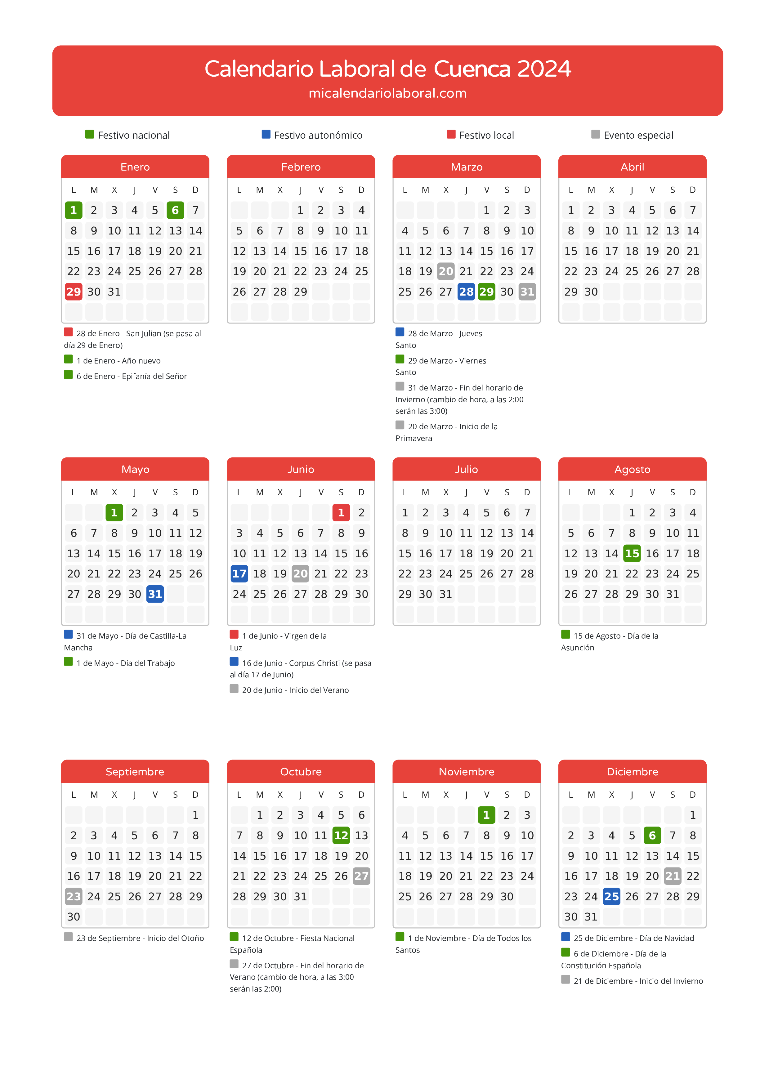 Calendario Laboral de Cuenca 2024 - Días festivos - Descubre todos los días festivos, no laborables y días inhábiles del calendario de la provincia de Cuenca para el año 2024. Tu guía completa de fechas importantes.