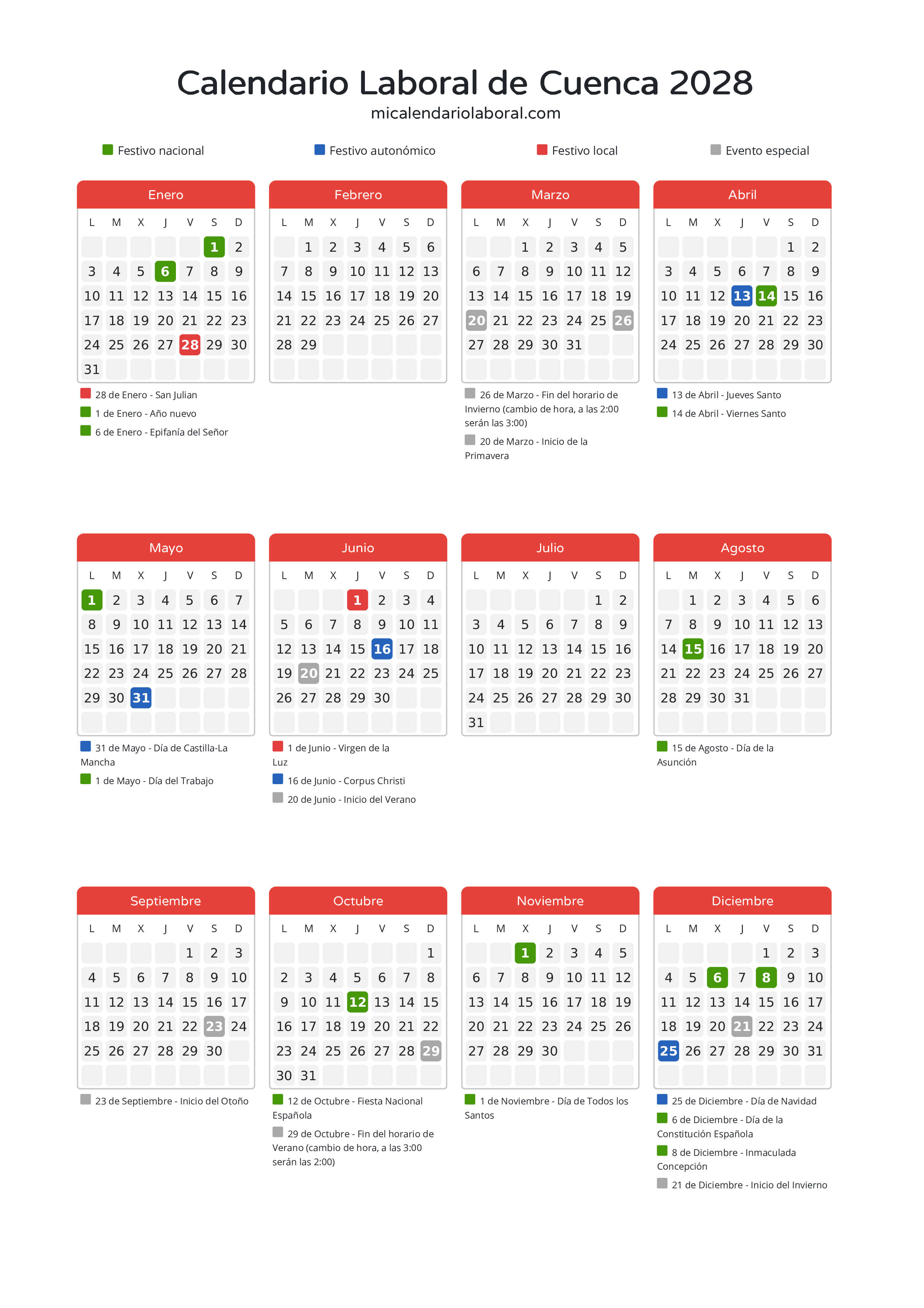 Calendario Laboral de Cuenca 2028 - Días festivos - Descubre todos los festivos, días no laborables y días inhábiles en el calendario de Cuenca propuestos por Junta de Comunidades de Castilla-La Mancha. Organiza tus vacaciones y puentes en 2028.