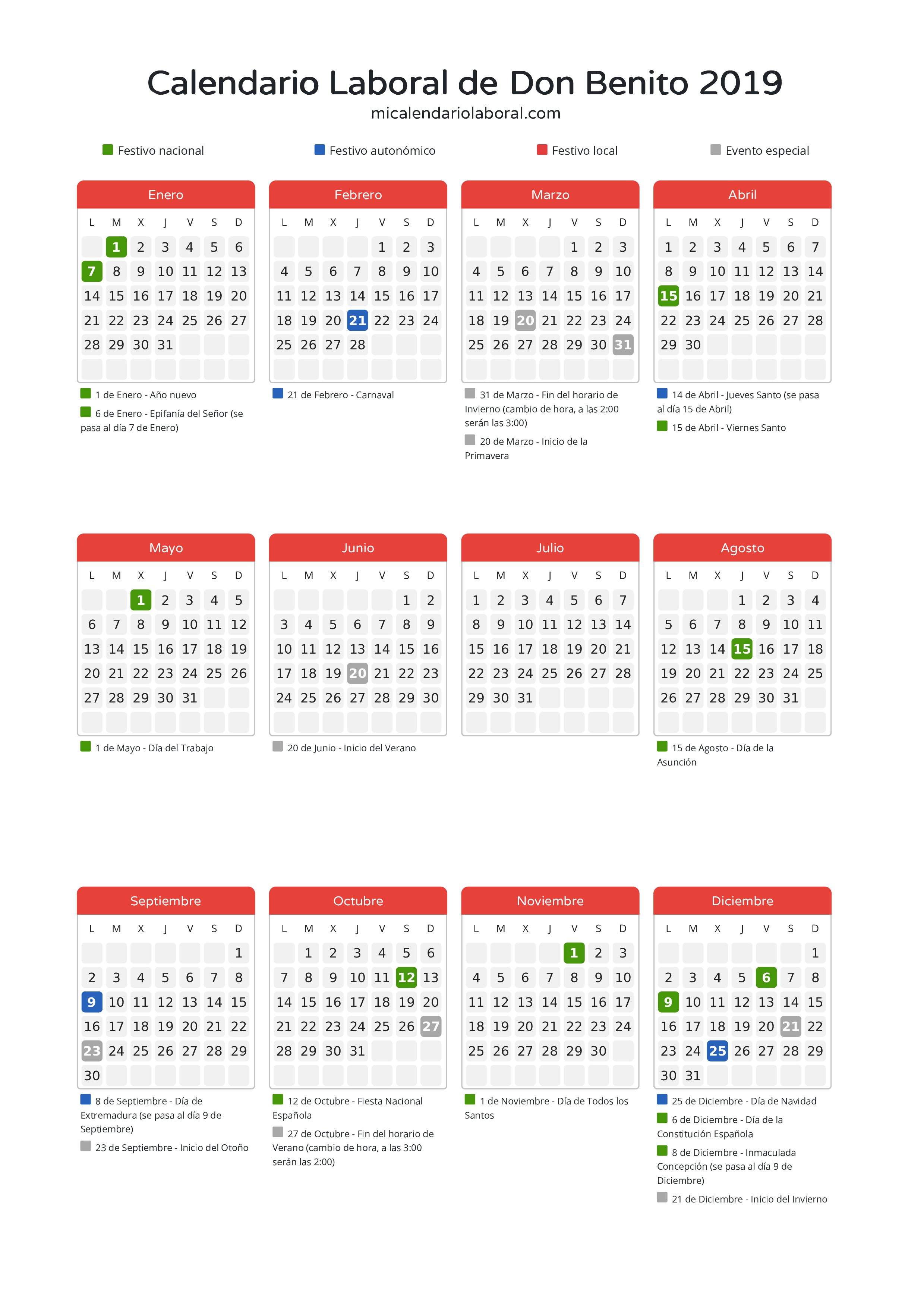 Calendario Laboral de Don Benito 2019 - Días festivos - Descubre todos los festivos, días no laborables y días inhábiles en el calendario de Don Benito propuestos por Junta de Extremadura. Organiza tus vacaciones y puentes en 2019.