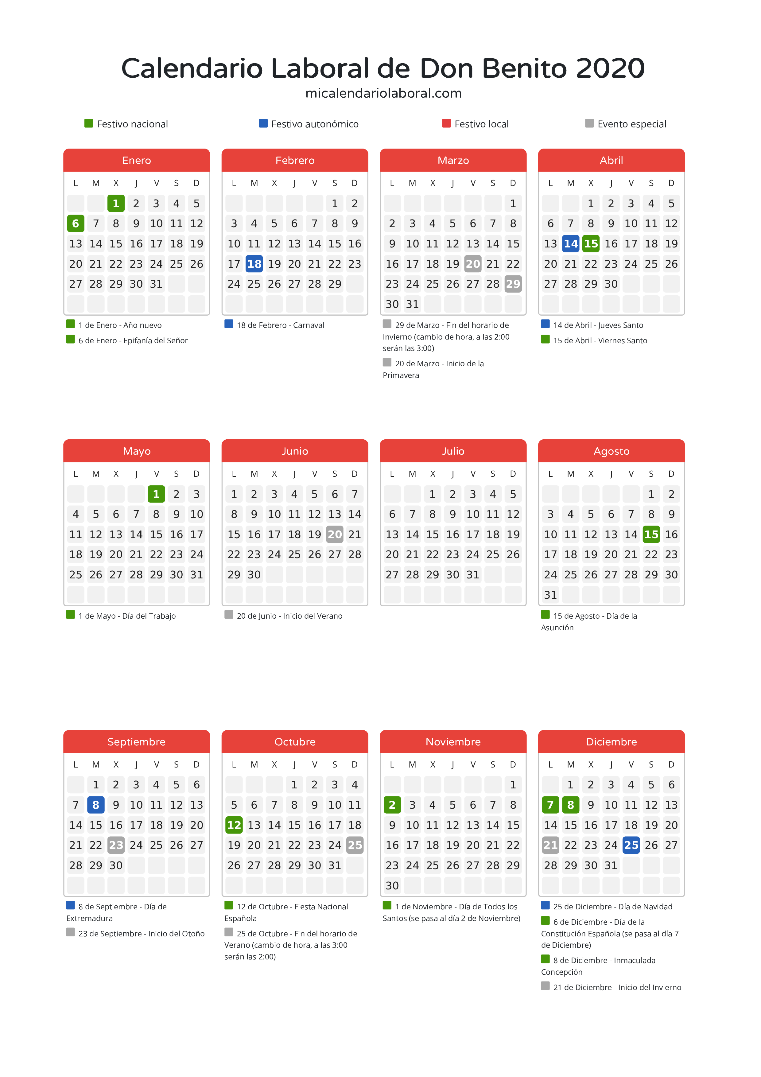 Calendario Laboral de Don Benito 2020 - Días festivos - Descubre todos los festivos, días no laborables y días inhábiles en el calendario de Don Benito propuestos por Junta de Extremadura. Organiza tus vacaciones y puentes en 2020.