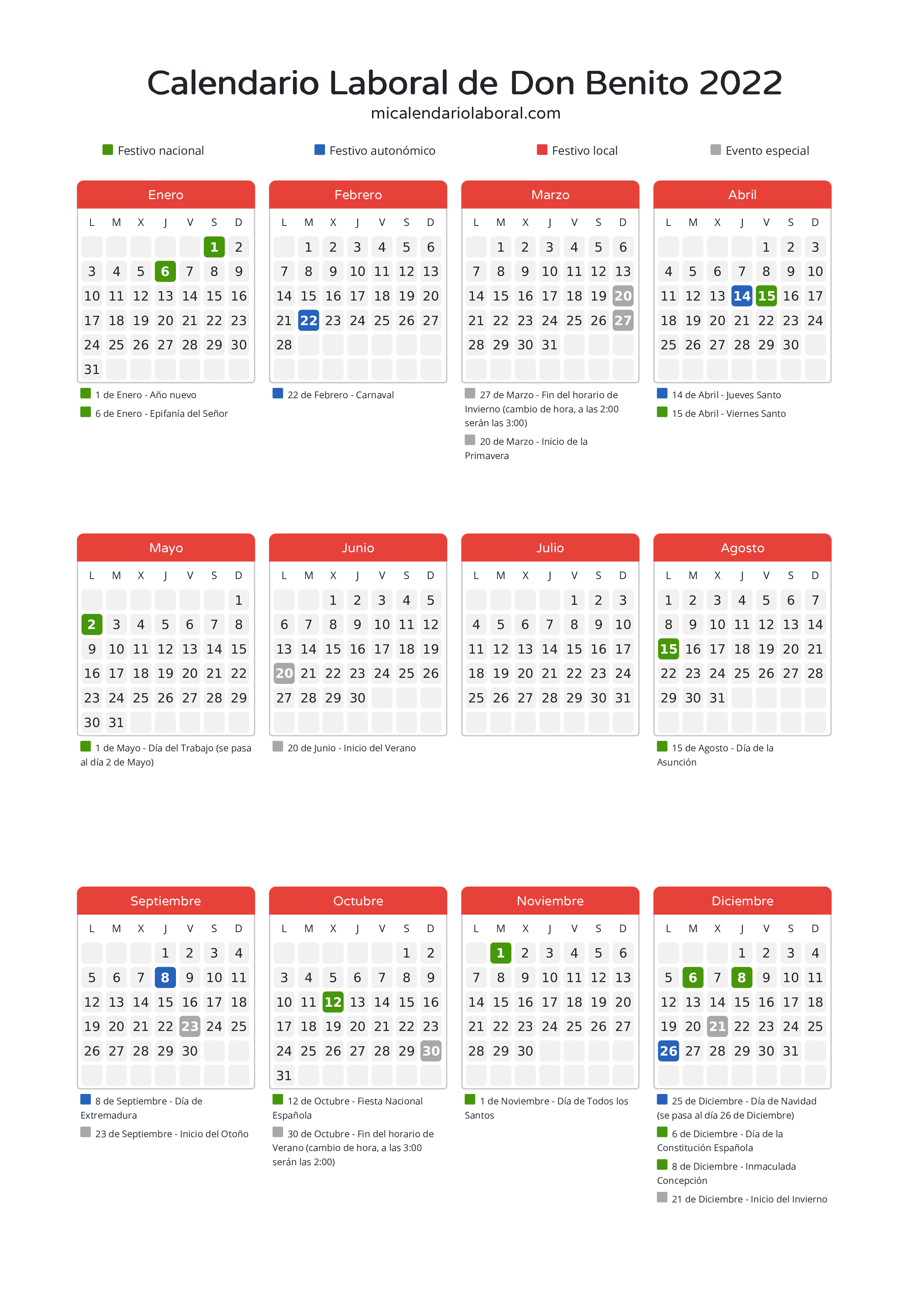 Calendario Laboral de Don Benito 2022 - Días festivos - Descubre todos los festivos, días no laborables y días inhábiles en el calendario de Don Benito propuestos por Junta de Extremadura. Organiza tus vacaciones y puentes en 2022.