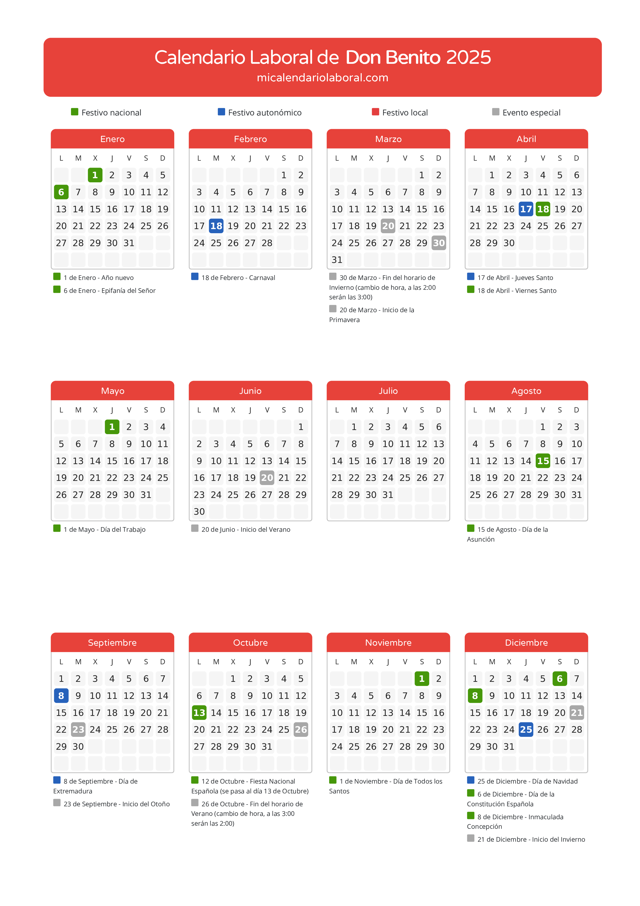 Calendario Laboral de Don Benito 2025 - Días festivos - Descubre todos los festivos, días no laborables y días inhábiles en el calendario de la provincia de Don Benito propuestos por Junta de Extremadura. Anticípate a los eventos y organiza tus vacaciones y puentes en 2025.