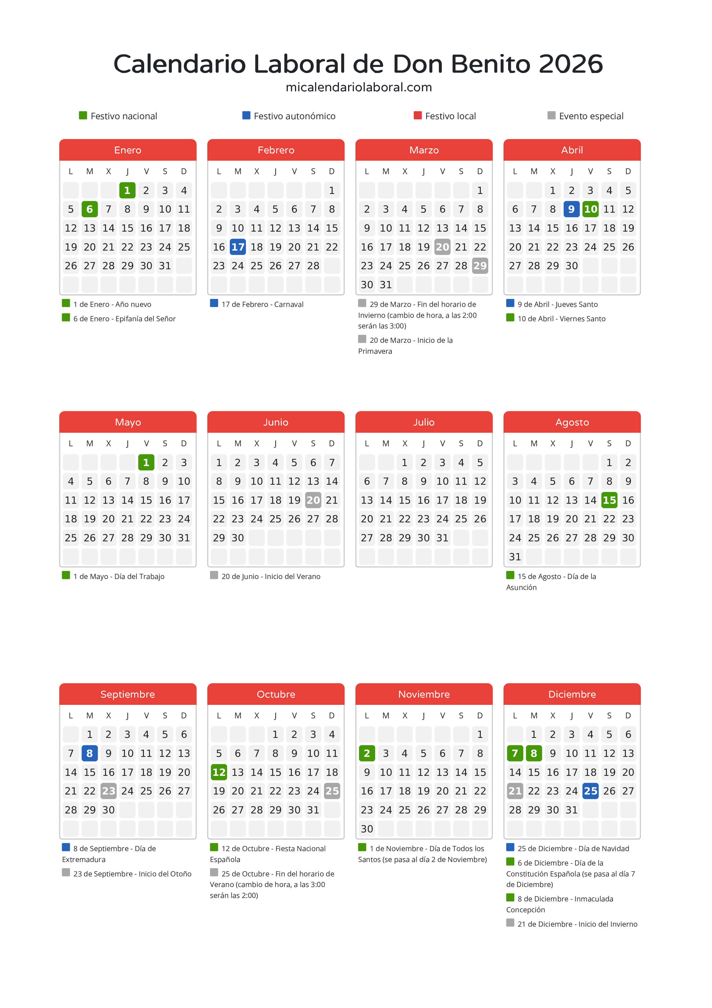 Calendario Laboral de Don Benito 2026 - Días festivos - Descubre todos los festivos, días no laborables y días inhábiles en el calendario de Don Benito propuestos por Junta de Extremadura. Organiza tus vacaciones y puentes en 2026.