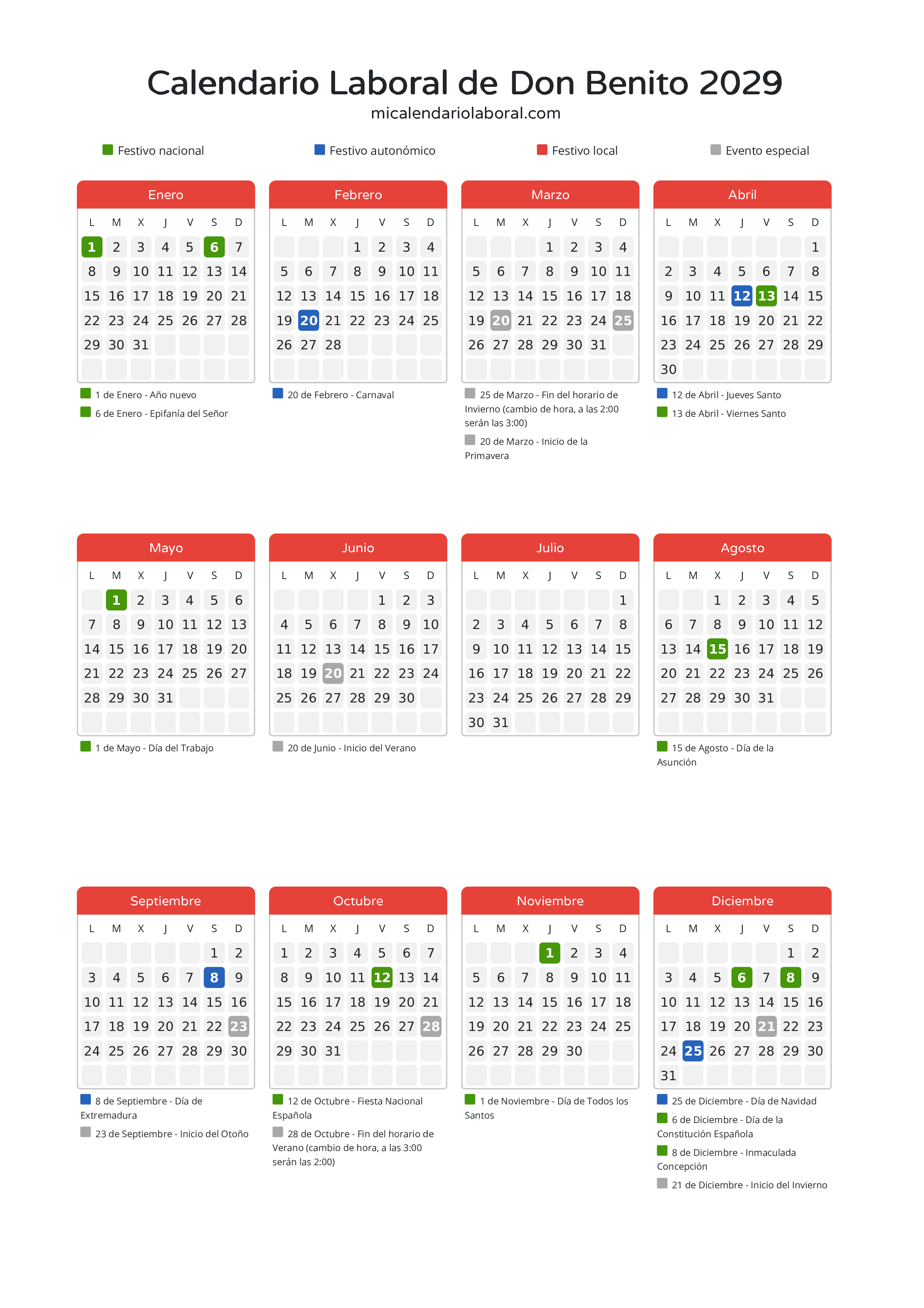 Calendario Laboral de Don Benito 2029 - Días festivos - Descubre todos los festivos, días no laborables y días inhábiles en el calendario de Don Benito propuestos por Junta de Extremadura. Organiza tus vacaciones y puentes en 2029.
