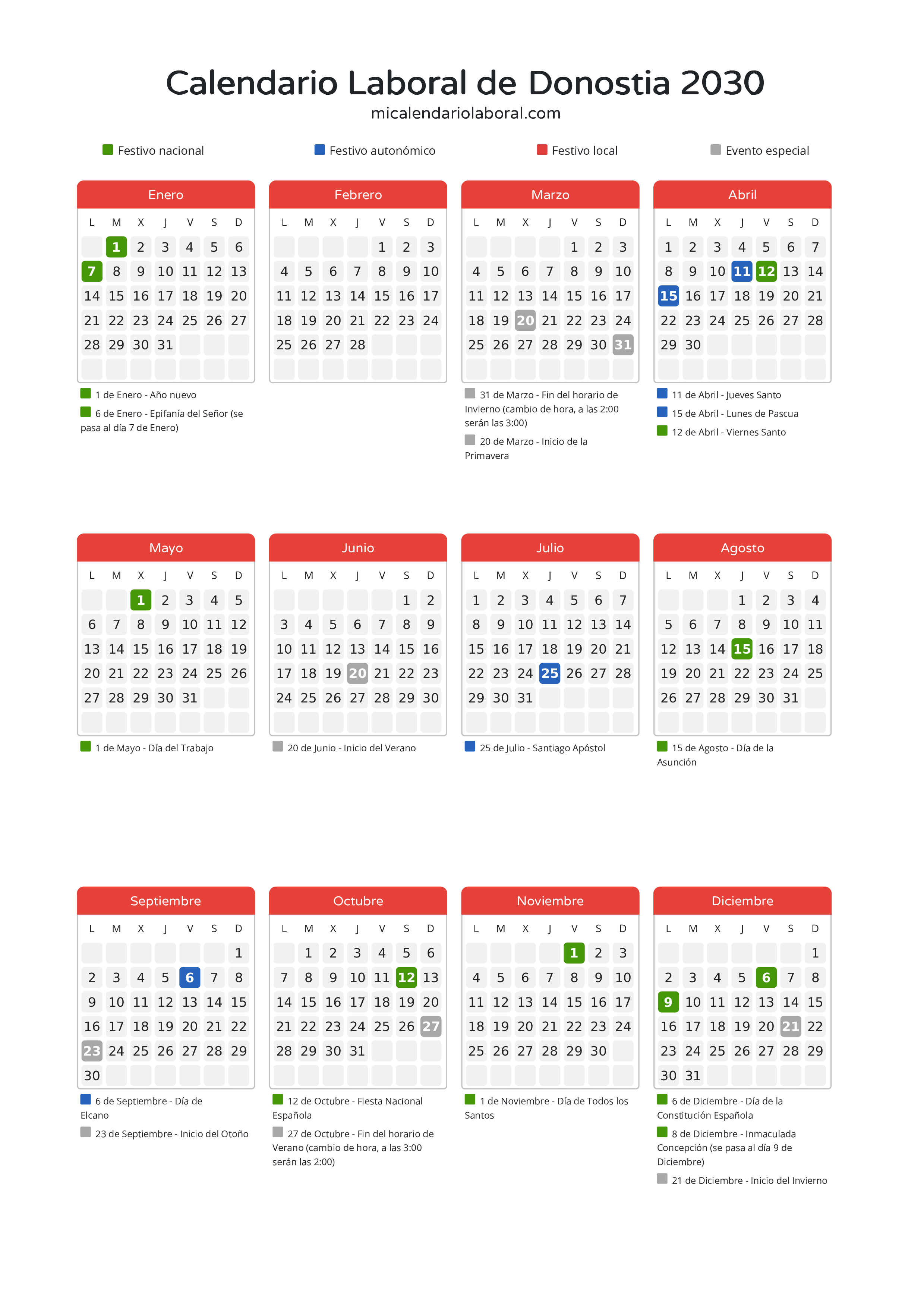 Calendario Laboral de Donostia 2030 - Días festivos - Todos los festivos y días no laborables del calendario de Donostia propuestos por Gobierno Vasco. Organiza tus vacaciones y puentes en 2030.