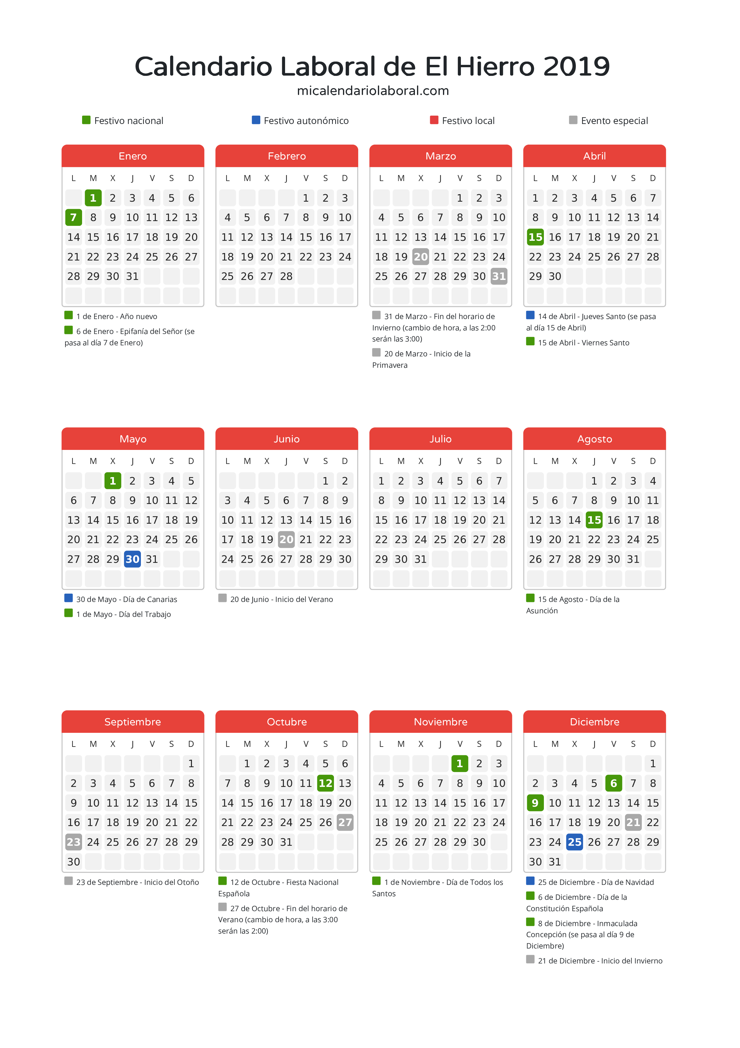 Calendario Laboral de El Hierro 2019 - Días festivos - Descubre todos los festivos, días no laborables y días inhábiles en el calendario de El Hierro propuestos por Gobierno de Canarias. Organiza tus vacaciones y puentes en 2019.