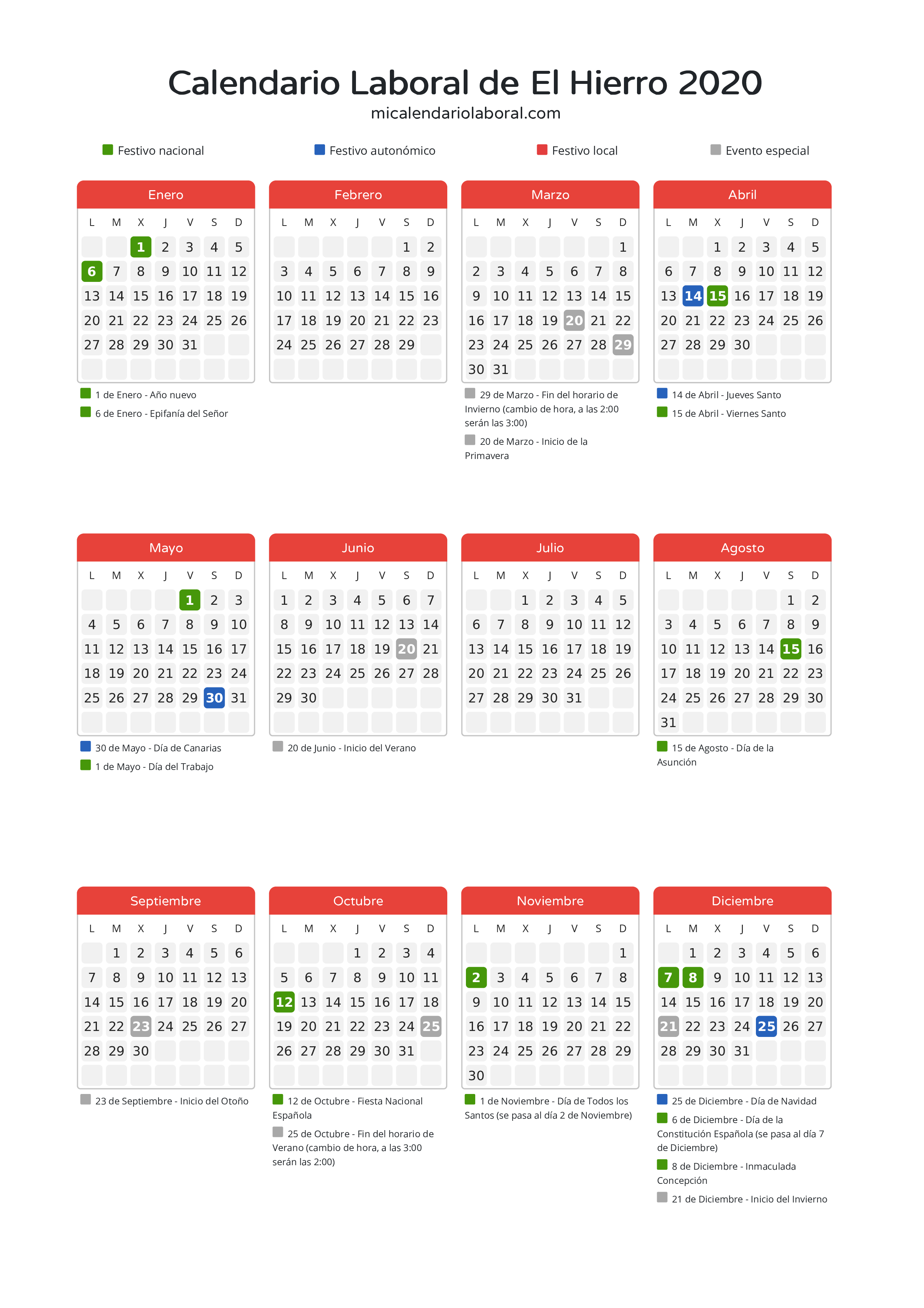 Calendario Laboral de El Hierro 2020 - Días festivos - Descubre todos los festivos, días no laborables y días inhábiles en el calendario de El Hierro propuestos por Gobierno de Canarias. Organiza tus vacaciones y puentes en 2020.