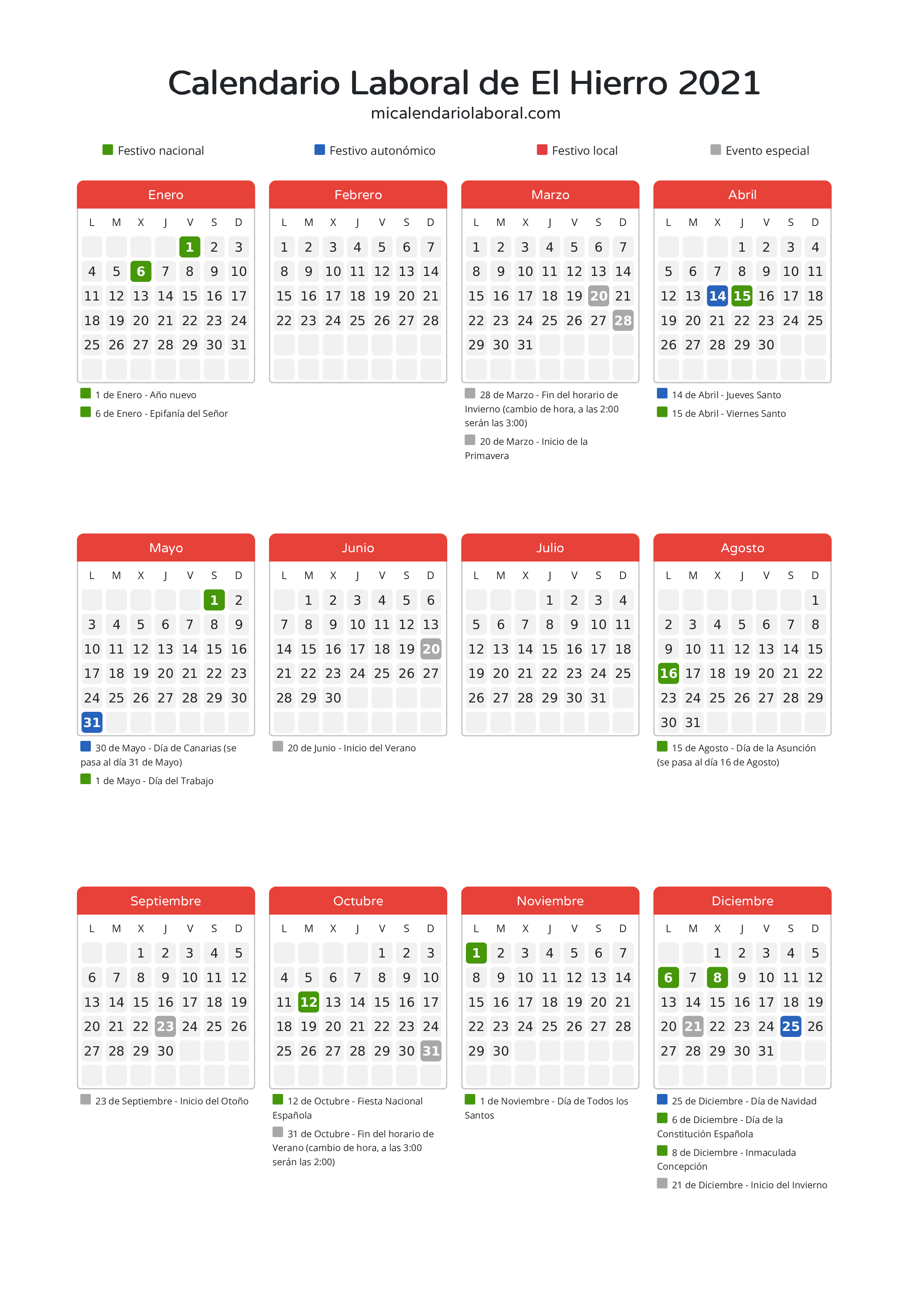 Calendario Laboral de El Hierro 2021 - Días festivos - Descubre todos los festivos, días no laborables y días inhábiles en el calendario de El Hierro propuestos por Gobierno de Canarias. Organiza tus vacaciones y puentes en 2021.