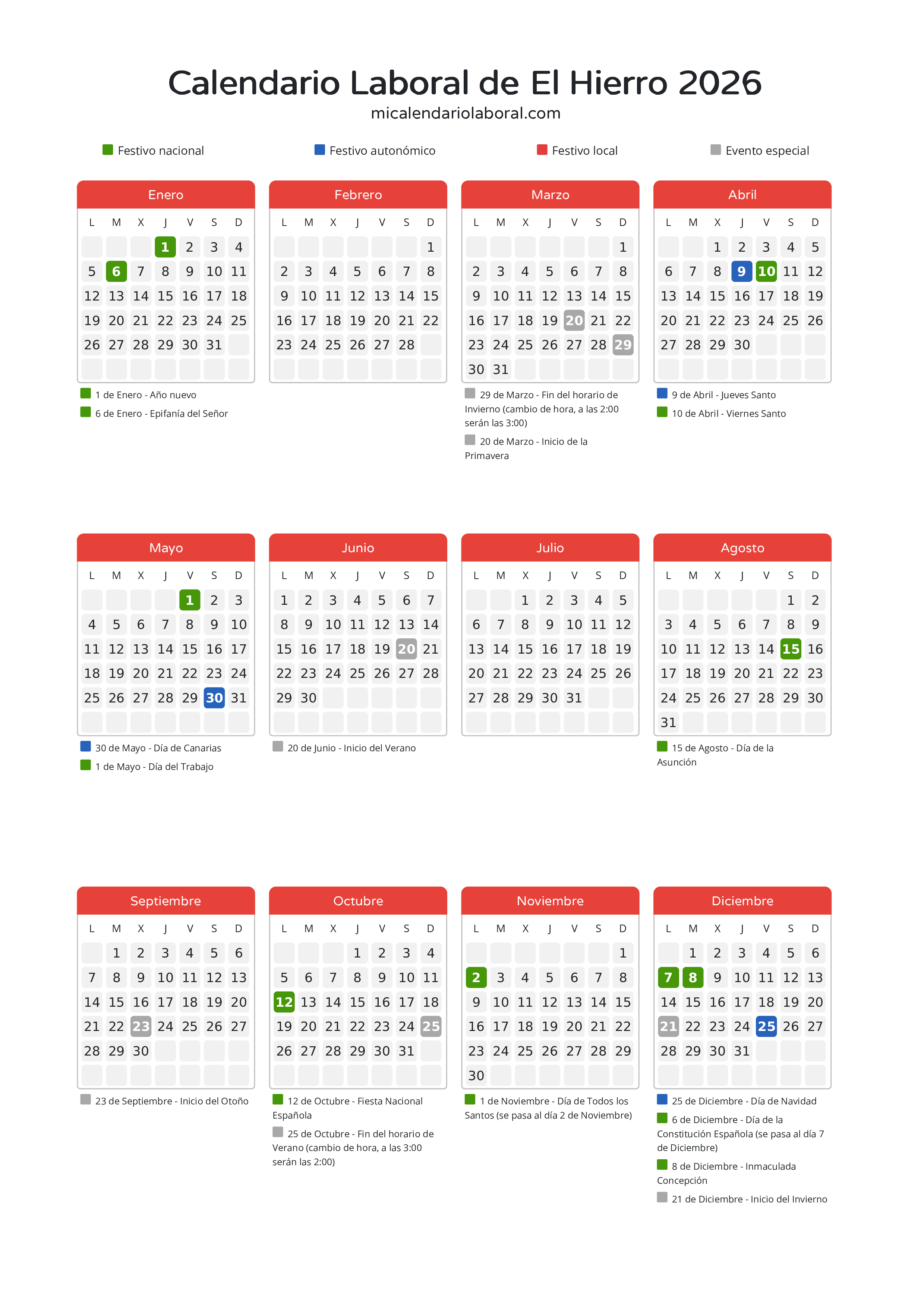 Calendario Laboral de El Hierro 2026 - Días festivos - Descubre todos los festivos, días no laborables y días inhábiles en el calendario de El Hierro propuestos por Gobierno de Canarias. Organiza tus vacaciones y puentes en 2026.