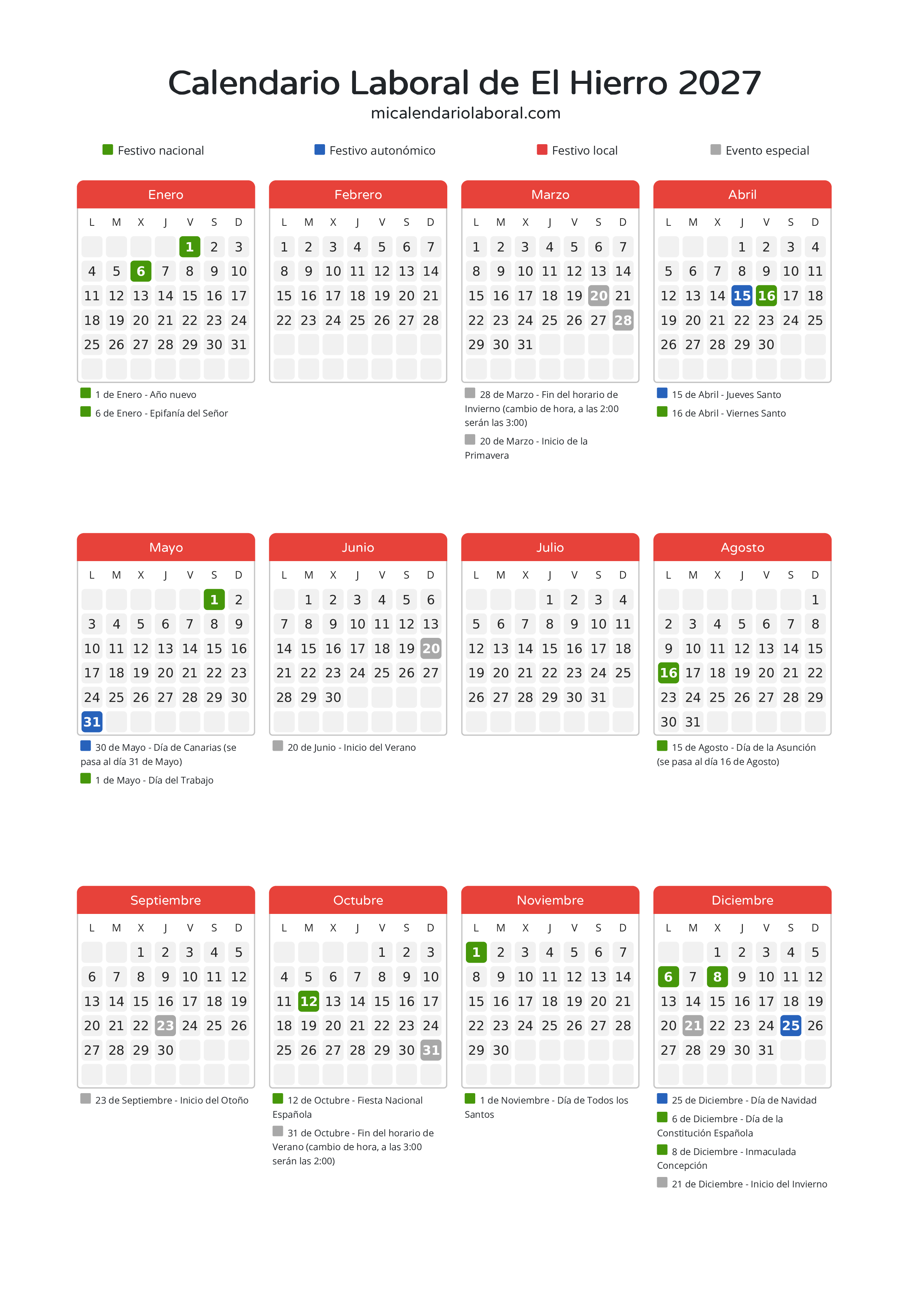 Calendario Laboral de El Hierro 2027 - Días festivos - Descubre todos los festivos, días no laborables y días inhábiles en el calendario de El Hierro propuestos por Gobierno de Canarias. Organiza tus vacaciones y puentes en 2027.