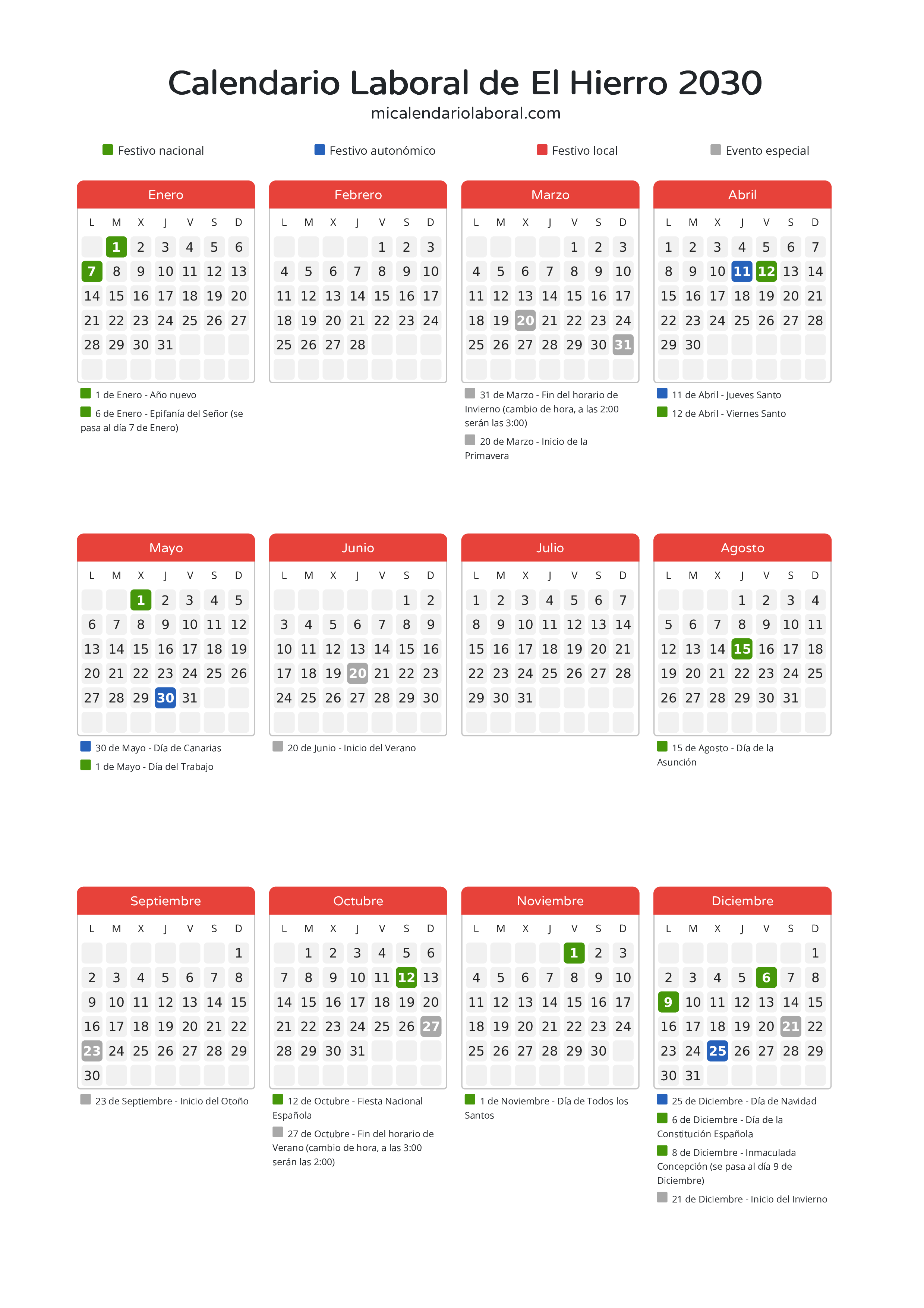 Calendario Laboral de El Hierro 2030 - Días festivos - Todos los festivos y días no laborables del calendario de El Hierro propuestos por Gobierno de Canarias. Organiza tus vacaciones y puentes en 2030.