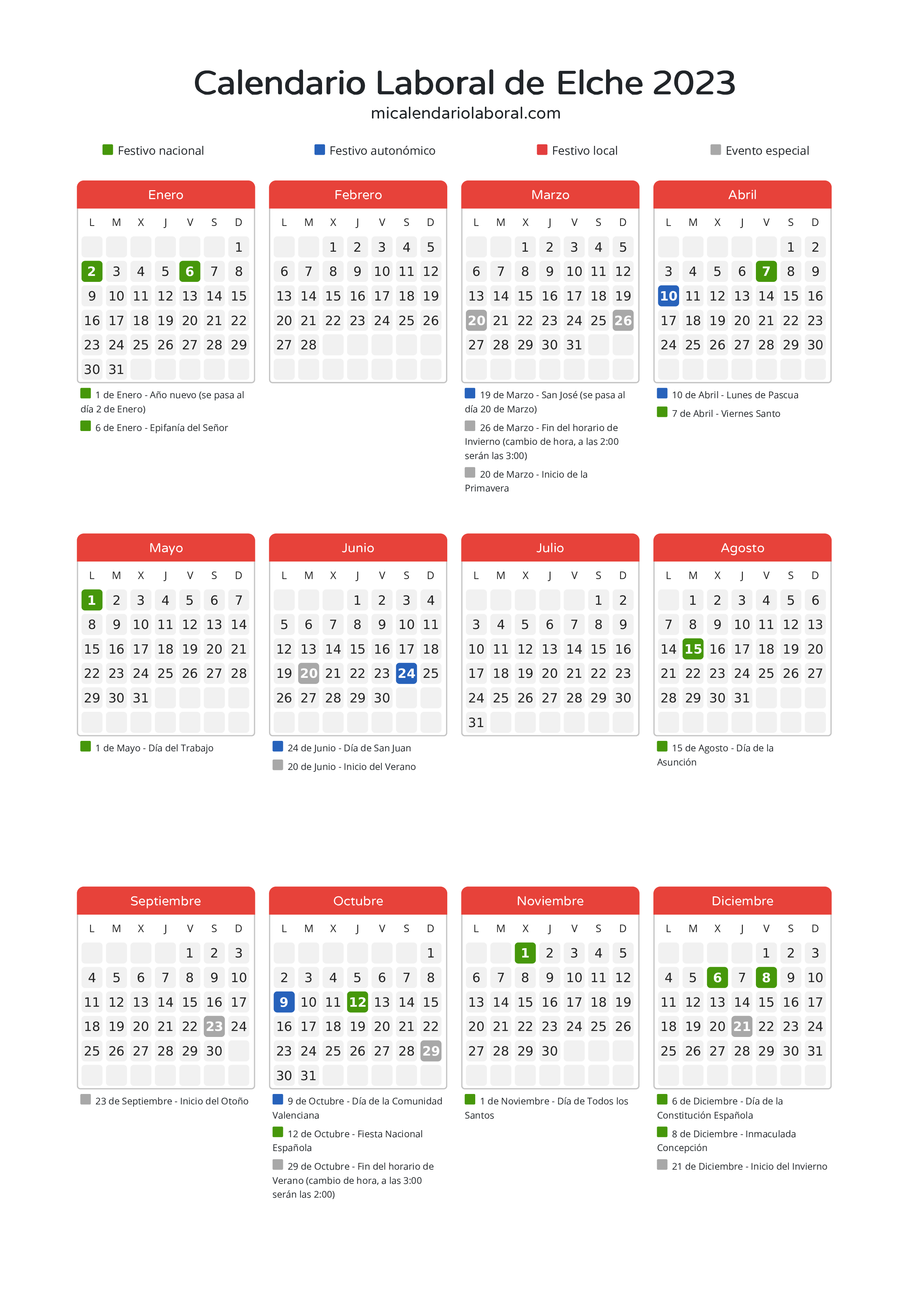 Calendario Laboral de Elche 2023 - Días festivos - Aquí tienes todos los días festivos, no laborables y días inhábiles de la provincia del calendario de Elche del año 2023