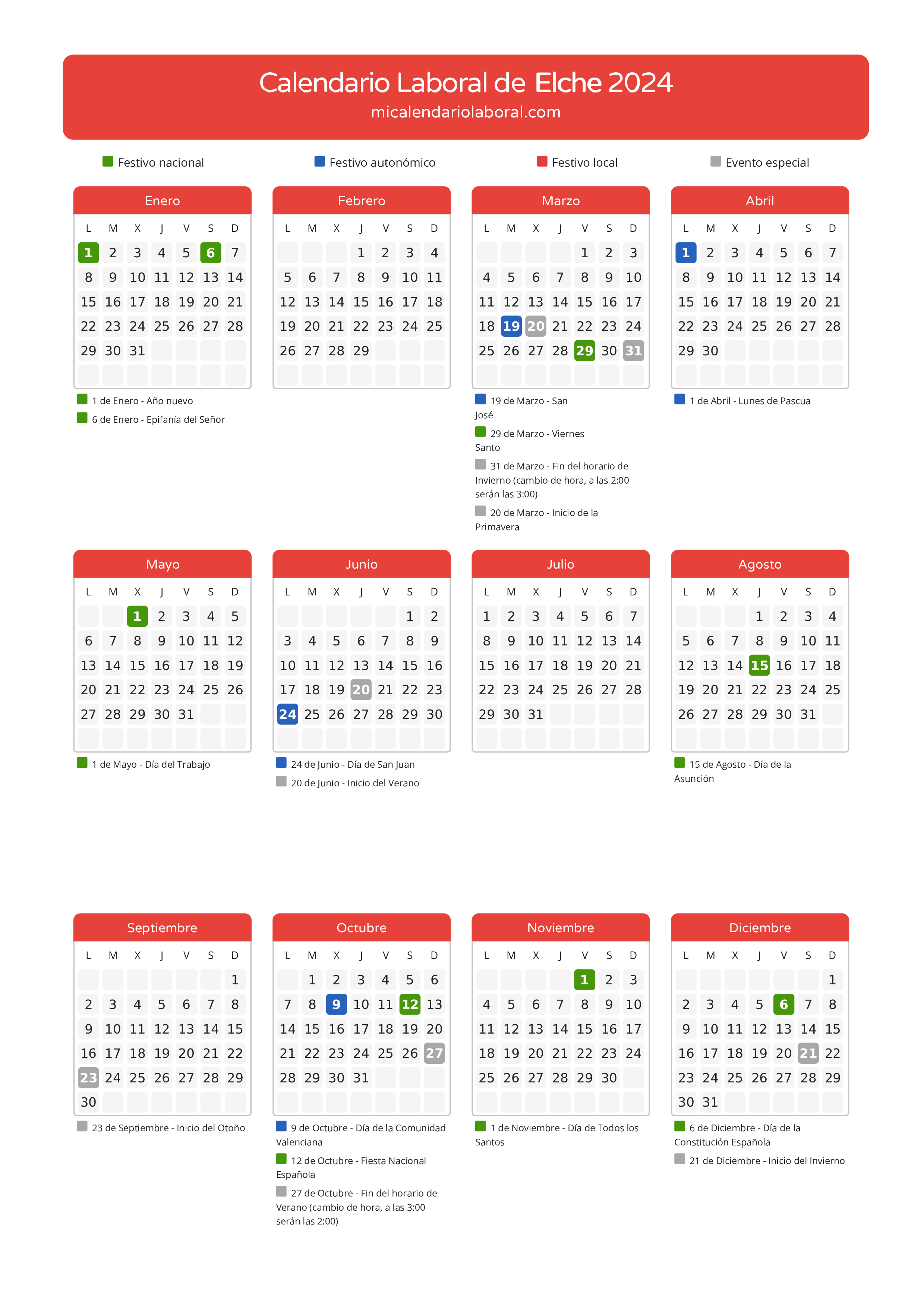 Calendario Laboral de Elche 2024 - Días festivos - Aquí tienes todos los días festivos, no laborables y días inhábiles de la provincia del calendario de Elche del año 2024