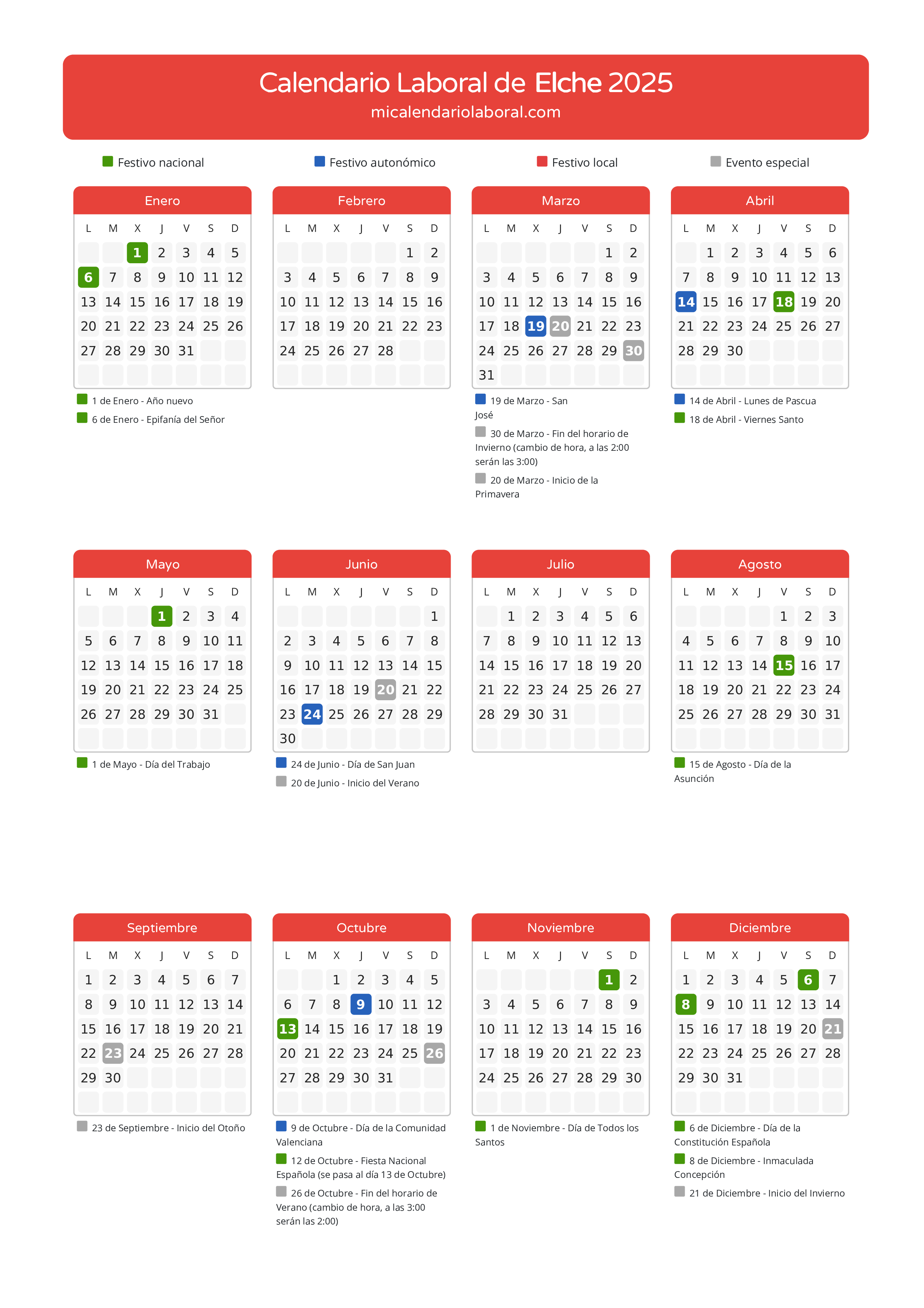 Calendario Laboral de Elche 2025 - Días festivos - Aquí tienes todos los días festivos, no laborables y días inhábiles de la provincia del calendario de Elche del año 2025