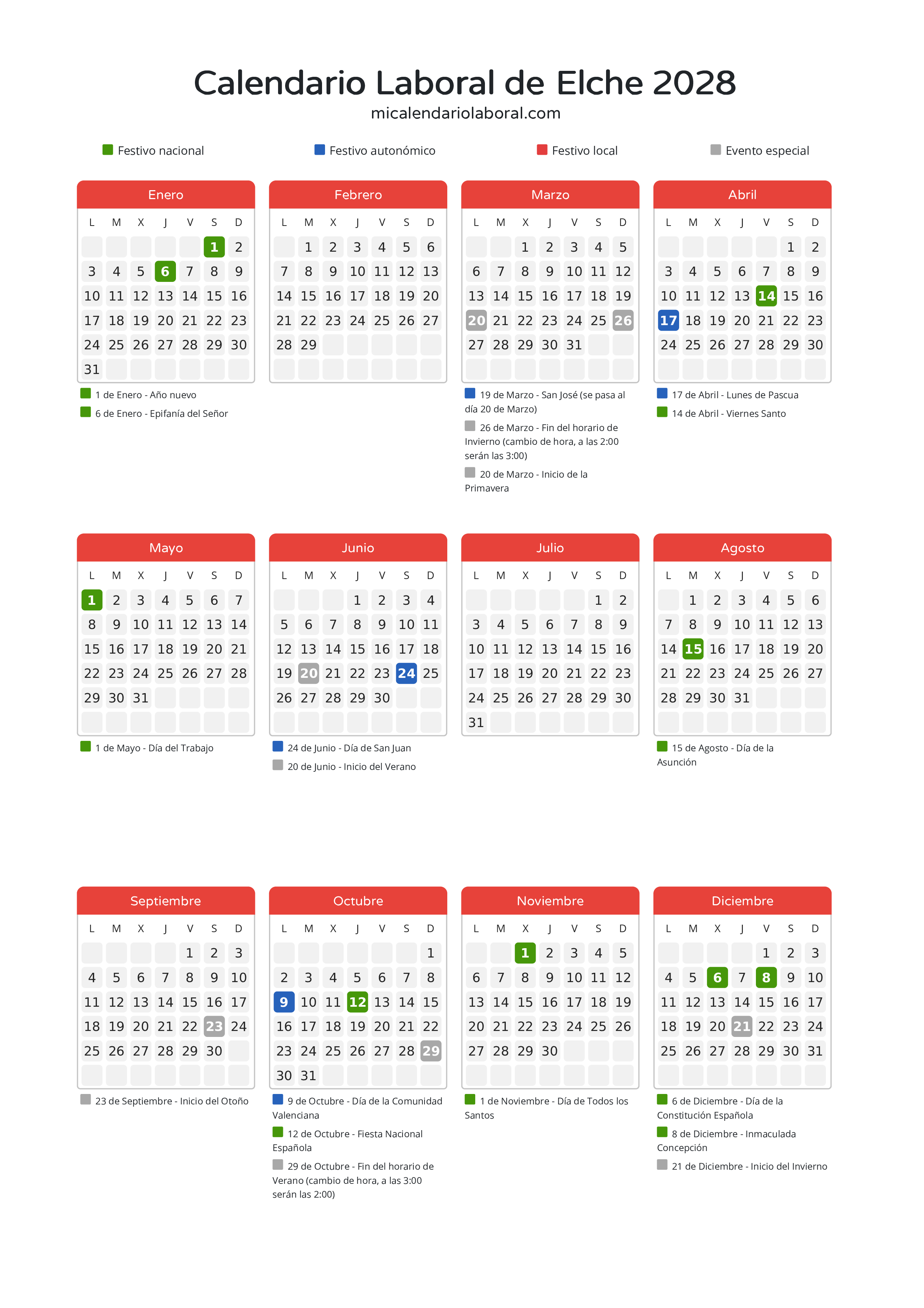 Calendario Laboral de Elche 2028 - Días festivos - Descubre todos los festivos, días no laborables y días inhábiles en el calendario de la provincia de Elche propuestos por Generalitat Valenciana. Anticípate a los eventos y organiza tus vacaciones y puentes en 2028.