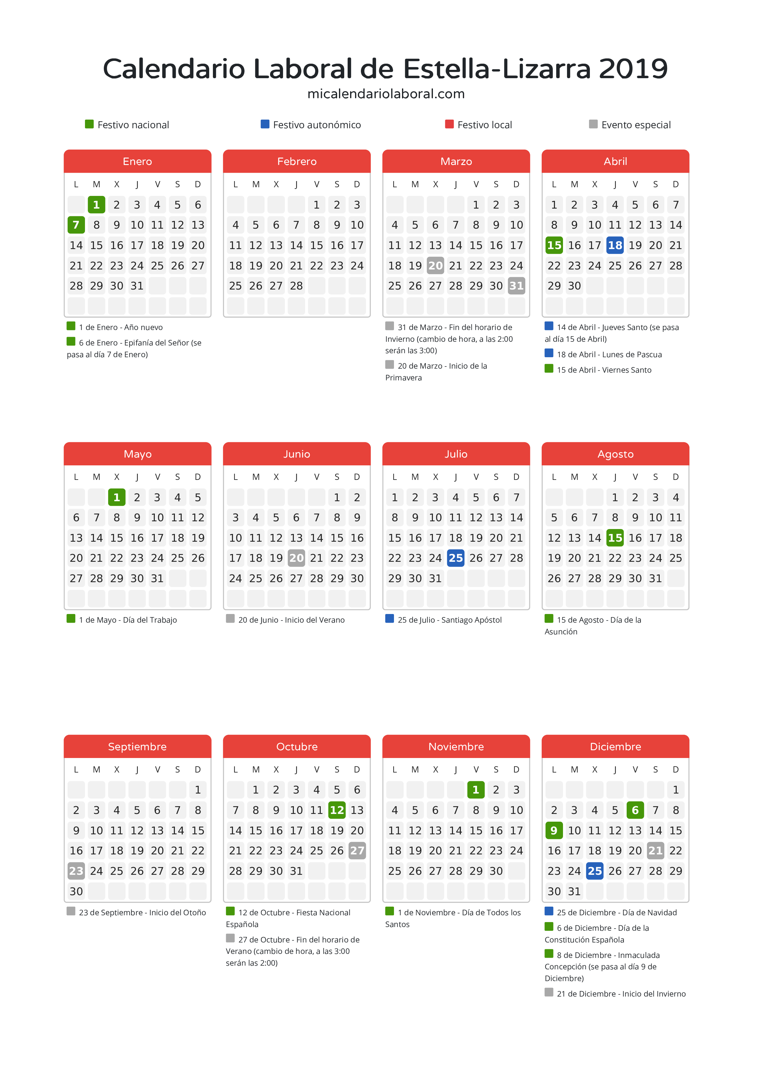 Calendario Laboral de Estella-Lizarra 2019 - Días festivos - Descubre todos los festivos, días no laborables y días inhábiles en el calendario de Estella-Lizarra propuestos por Gobierno de Navarra. Organiza tus vacaciones y puentes en 2019.