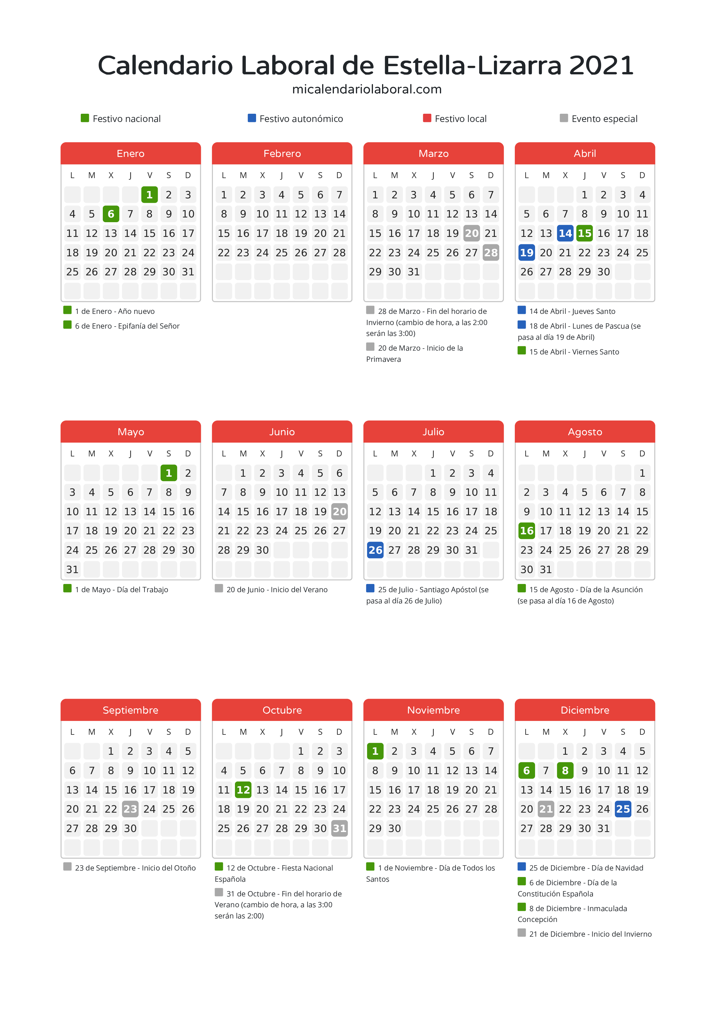 Calendario Laboral de Estella-Lizarra 2021 - Días festivos - Descubre todos los festivos, días no laborables y días inhábiles en el calendario de Estella-Lizarra propuestos por Gobierno de Navarra. Organiza tus vacaciones y puentes en 2021.