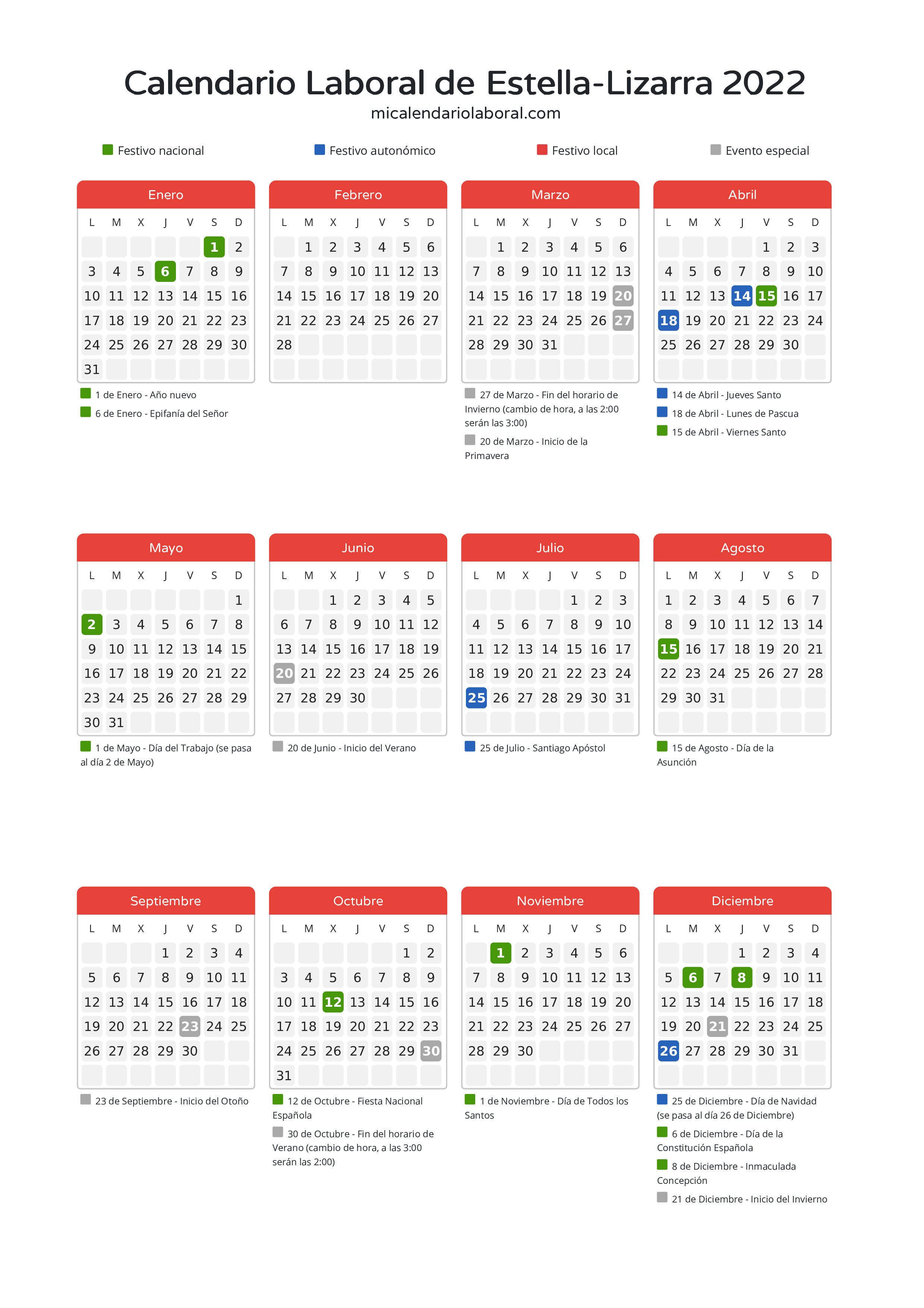 Calendario Laboral de Estella-Lizarra 2022 - Días festivos - Descubre todos los festivos, días no laborables y días inhábiles en el calendario de Estella-Lizarra propuestos por Gobierno de Navarra. Organiza tus vacaciones y puentes en 2022.