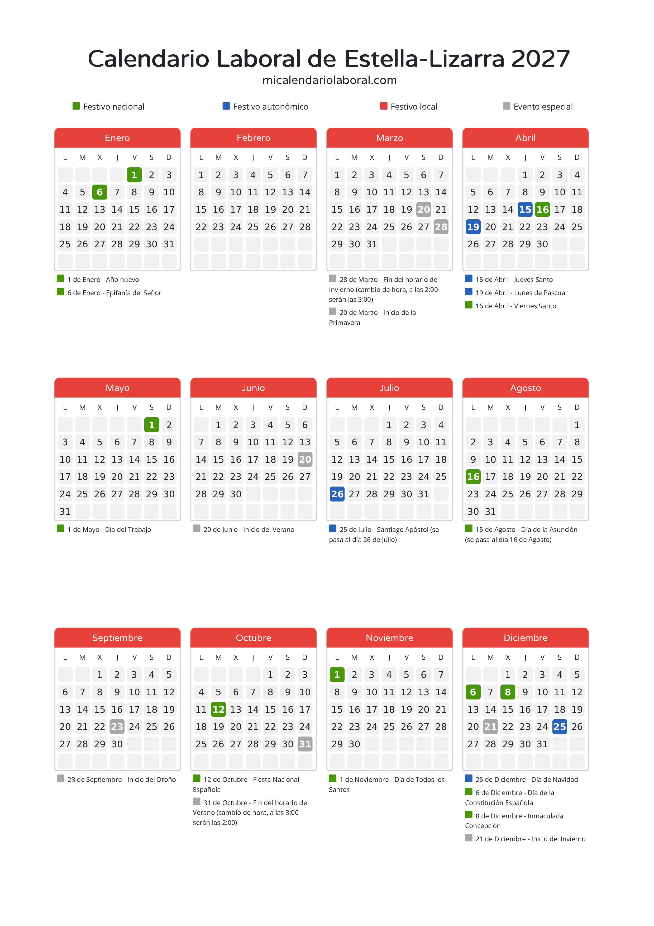 Calendario Laboral de Estella-Lizarra 2027 - Días festivos - Descubre todos los festivos, días no laborables y días inhábiles en el calendario de Estella-Lizarra propuestos por Gobierno de Navarra. Organiza tus vacaciones y puentes en 2027.