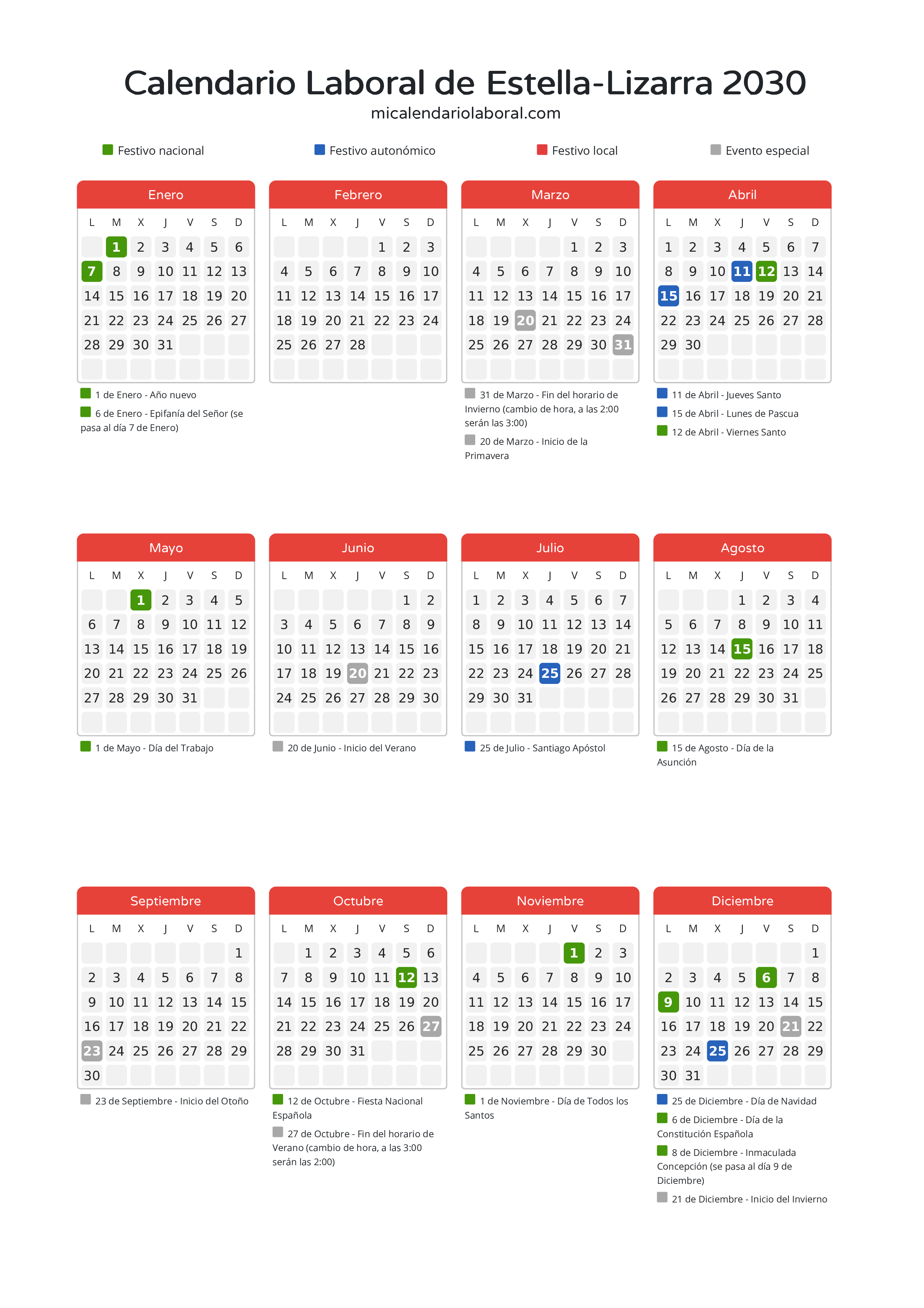 Calendario Laboral de Estella-Lizarra 2030 - Días festivos - Todos los festivos y días no laborables del calendario de Estella-Lizarra propuestos por Gobierno de Navarra. Organiza tus vacaciones y puentes en 2030.